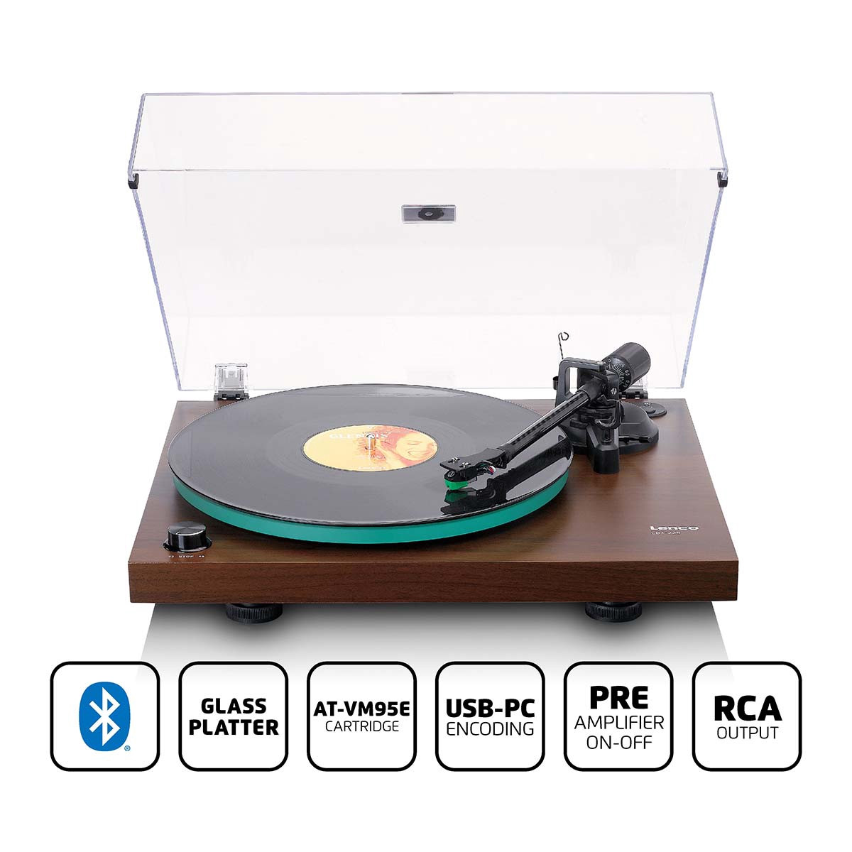 Toca-discos Bluetooth com prato de vidro e porta USB