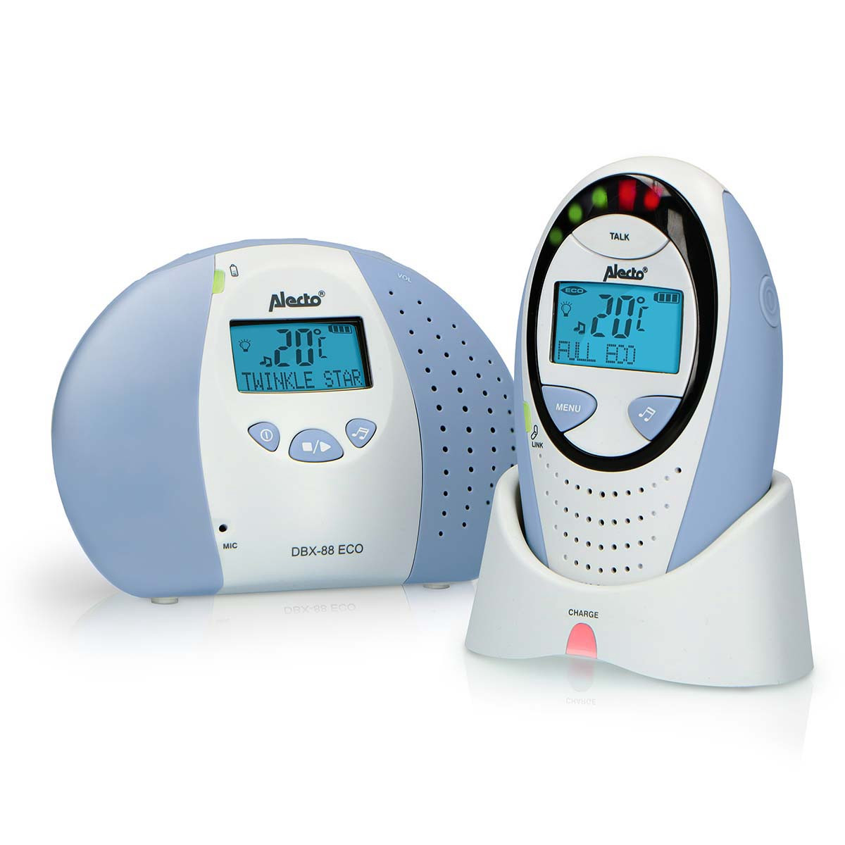 Babá eletrônica DECT com visor, modo econômico e luz noturna.