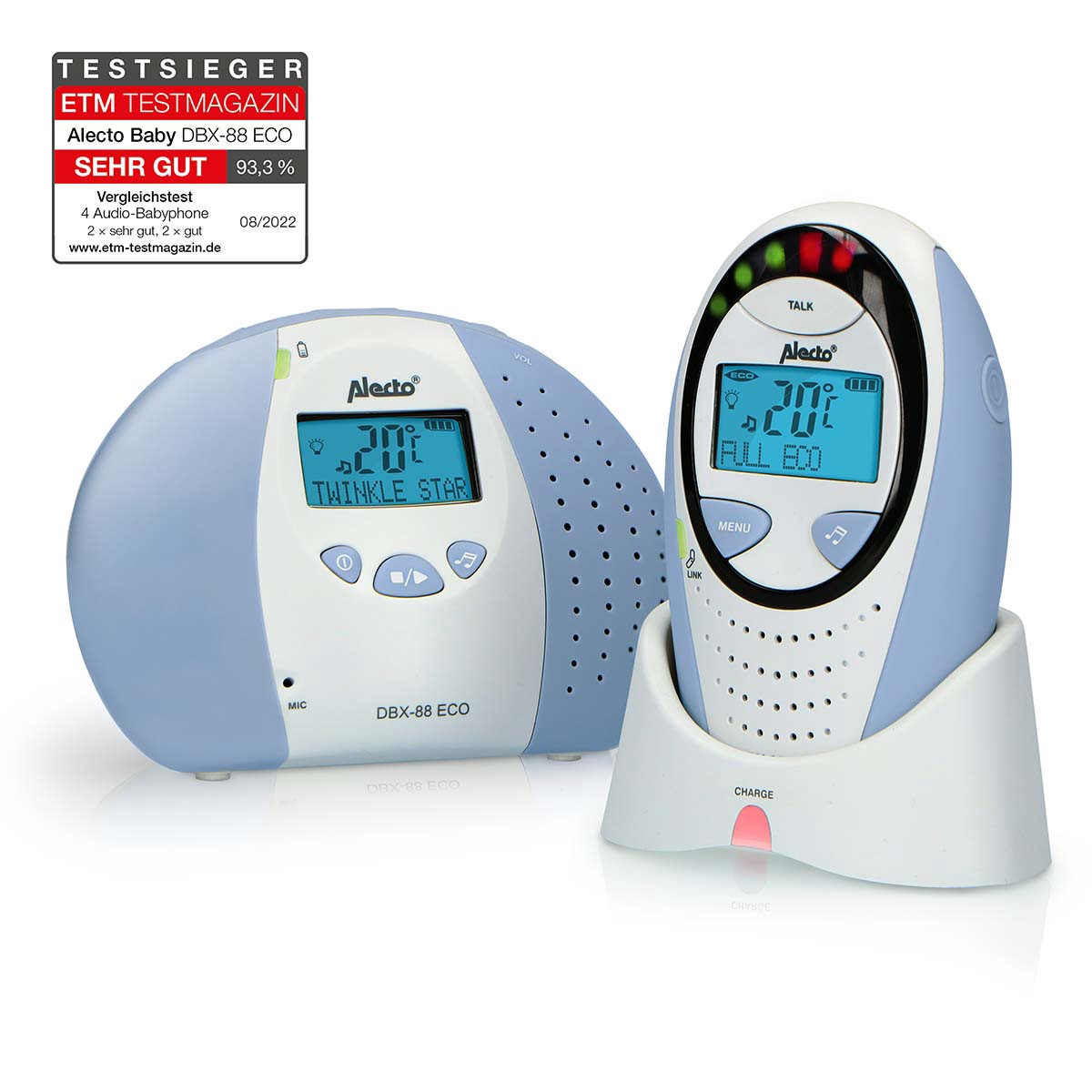 Babá eletrônica DECT com visor, modo econômico e luz noturna.
