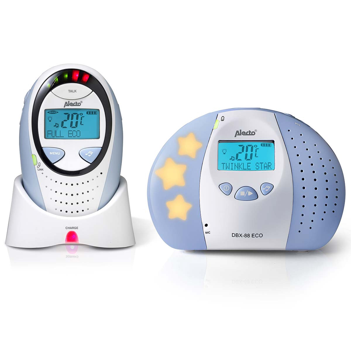 Babá eletrônica DECT com visor, modo econômico e luz noturna.