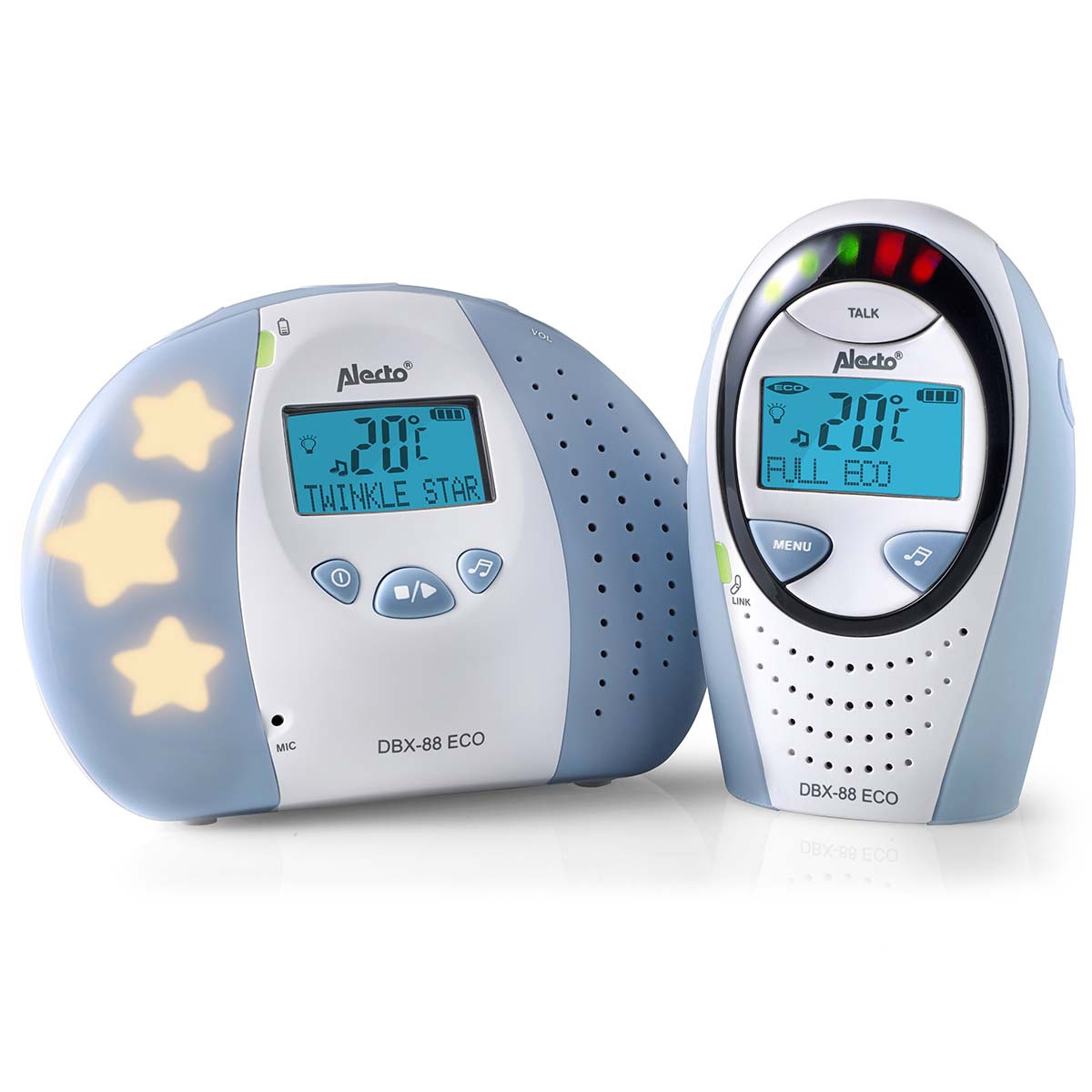 Babá eletrônica DECT com visor, modo econômico e luz noturna.