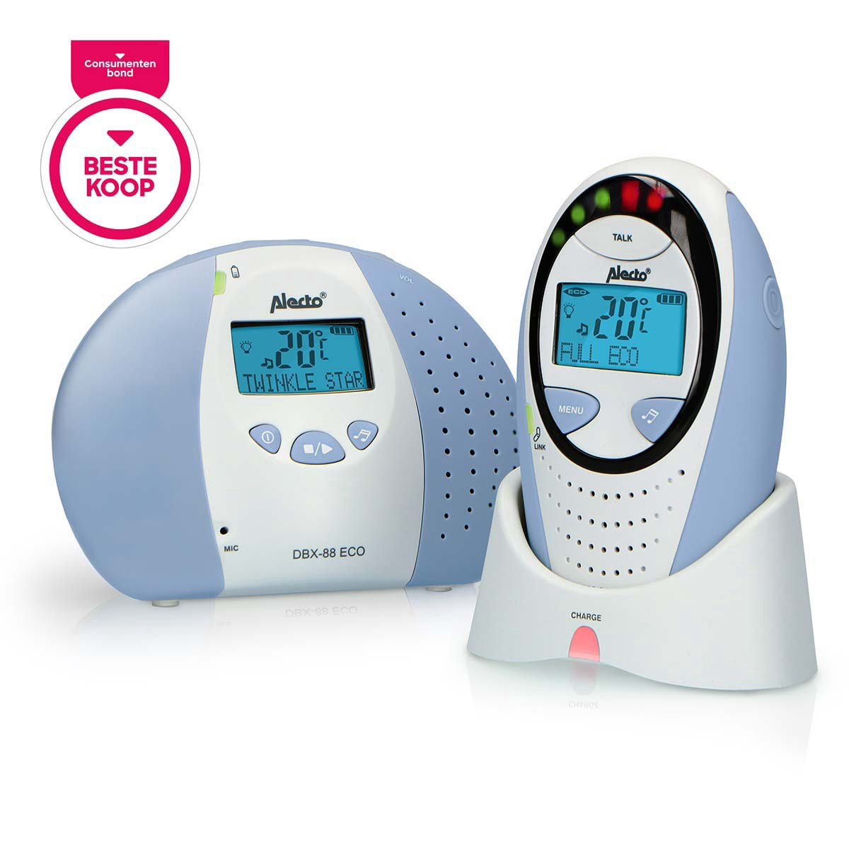Babá eletrônica DECT com visor, modo econômico e luz noturna.