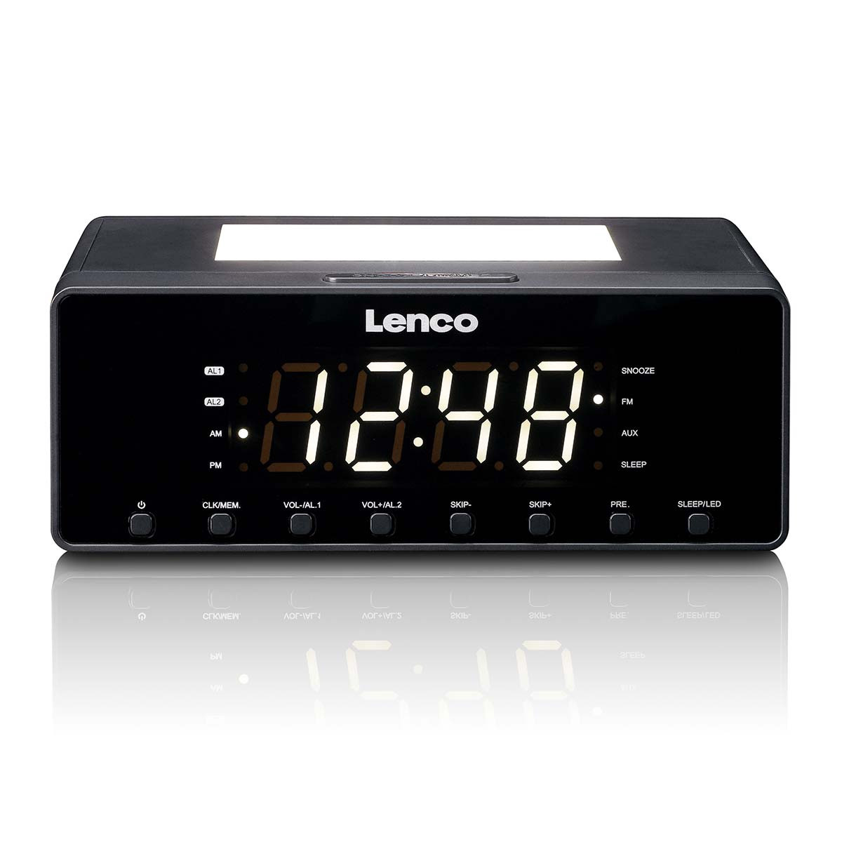 Rádio-relógio FM com visor LED e luz noturna.