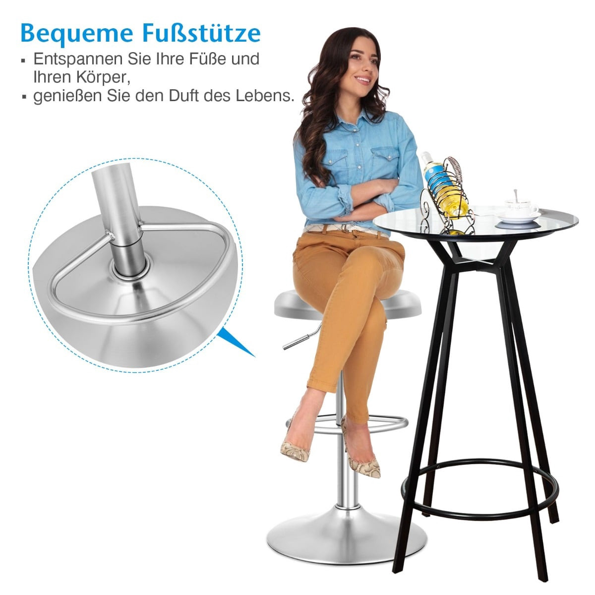 Taburete de bar ajustable de acero inoxidable con reposapiés
