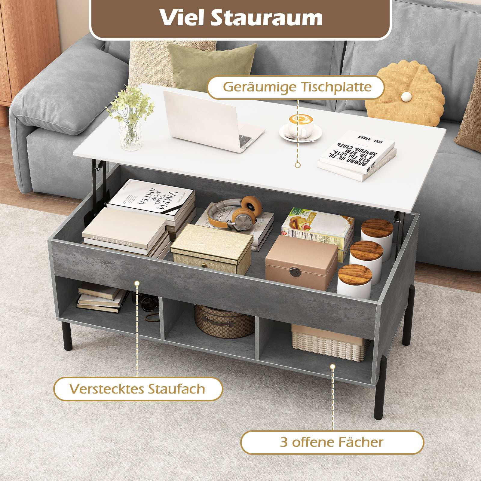 Mesa de centro ajustable con tapa elevable y espacio de almacenamie...