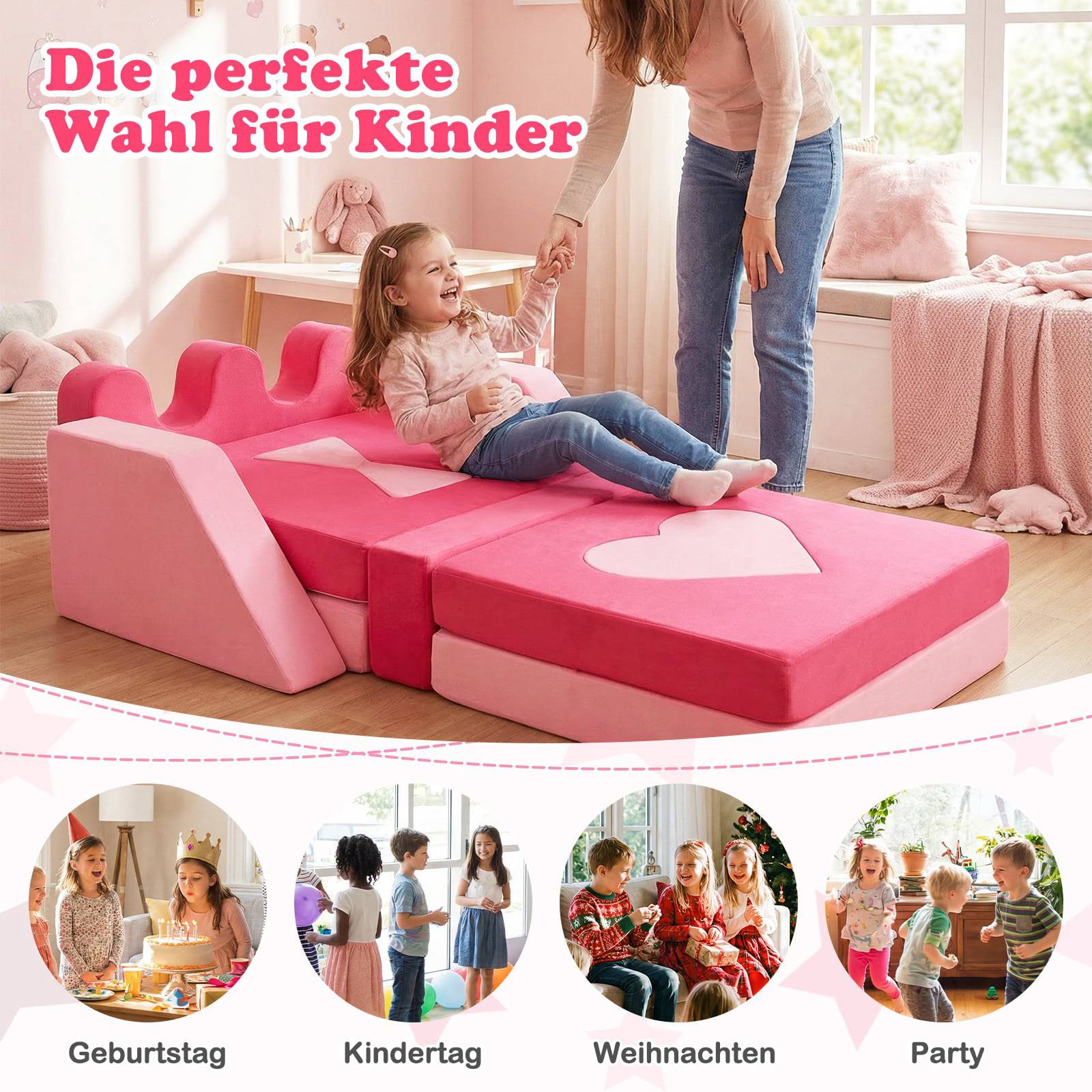 Conjunto de sofá infantil modular de 14 peças com espuma macia, rosa.