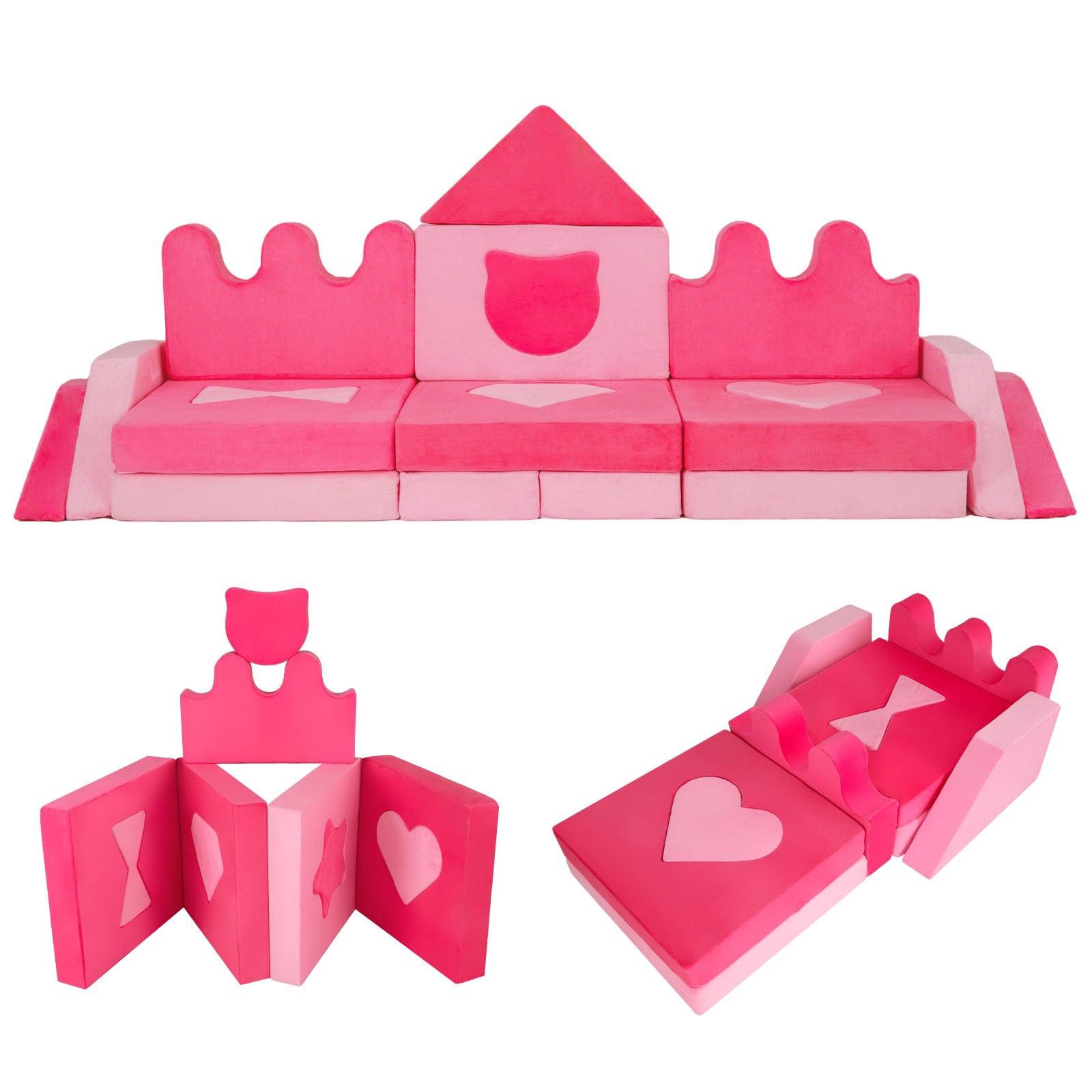 Conjunto de sofá infantil modular de 14 peças com espuma macia, rosa.