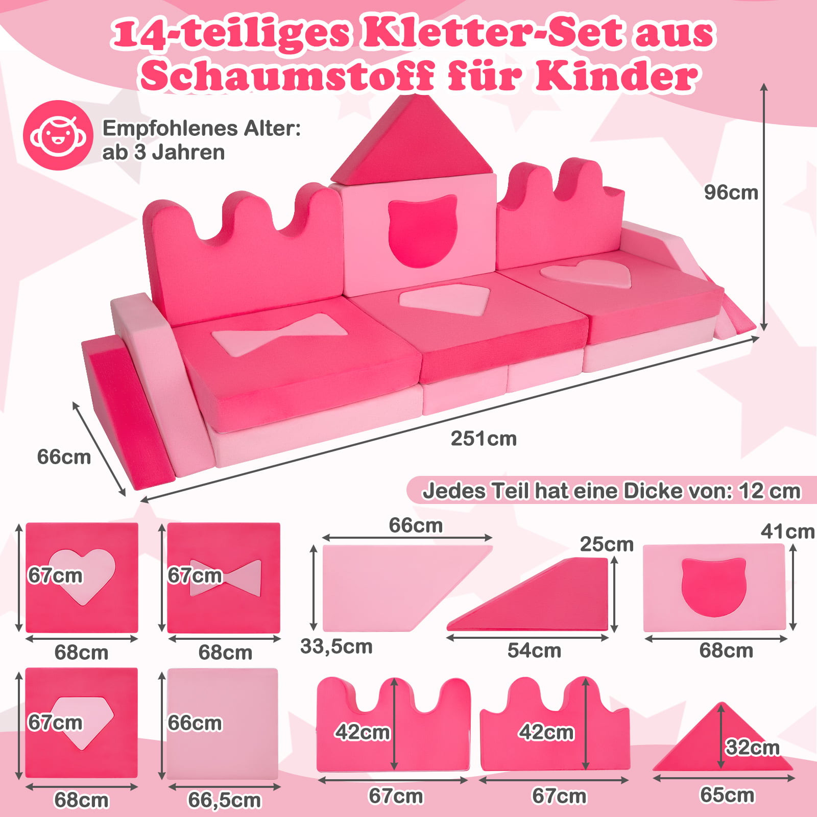 Conjunto de sofá infantil modular de 14 peças com espuma macia, rosa.