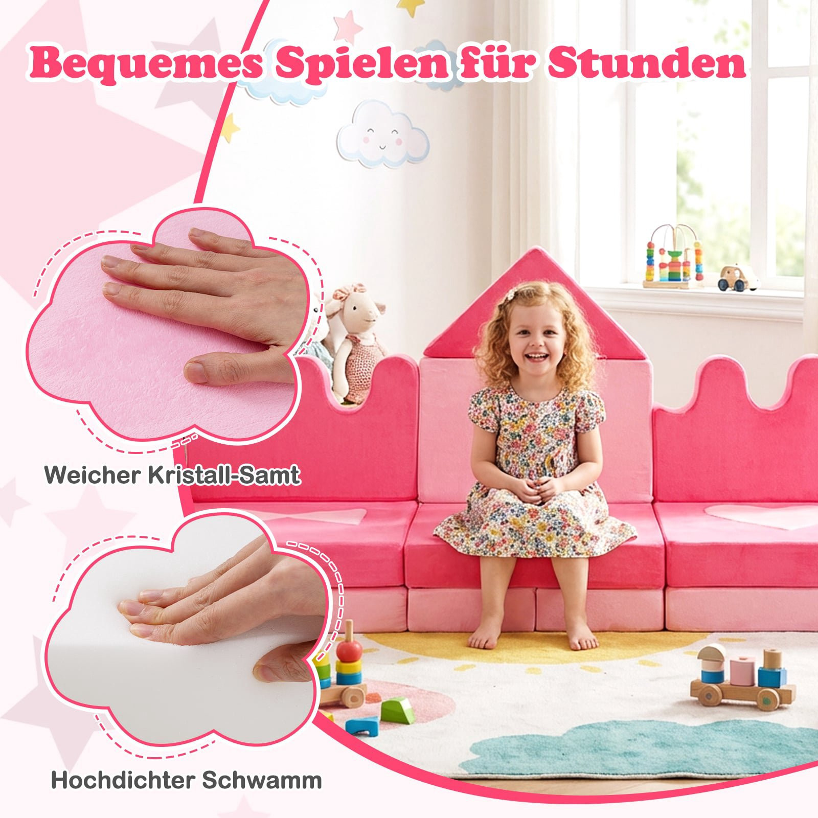 Conjunto de sofá infantil modular de 14 peças com espuma macia, rosa.