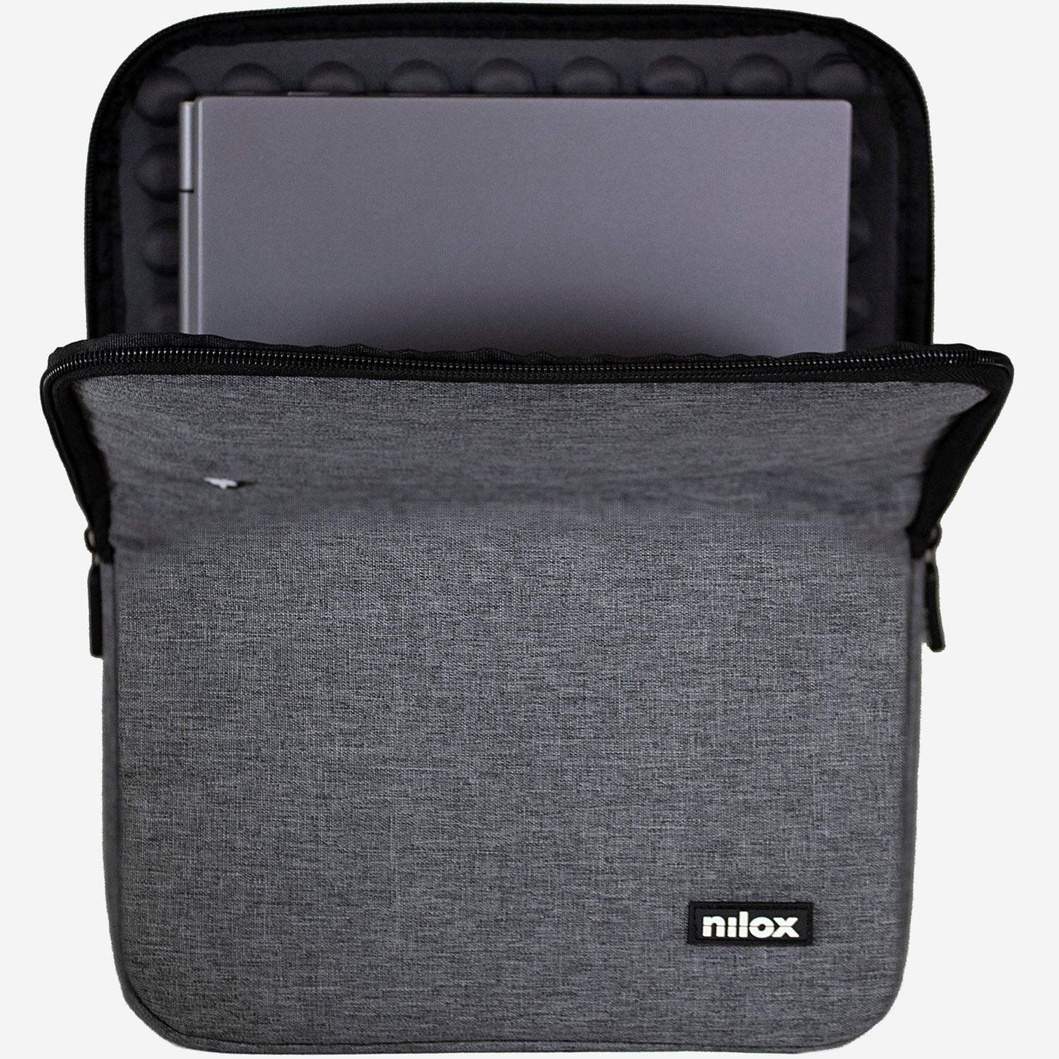 Capa para laptop de 13,3" cinza, acolchoada e resistente a impactos.