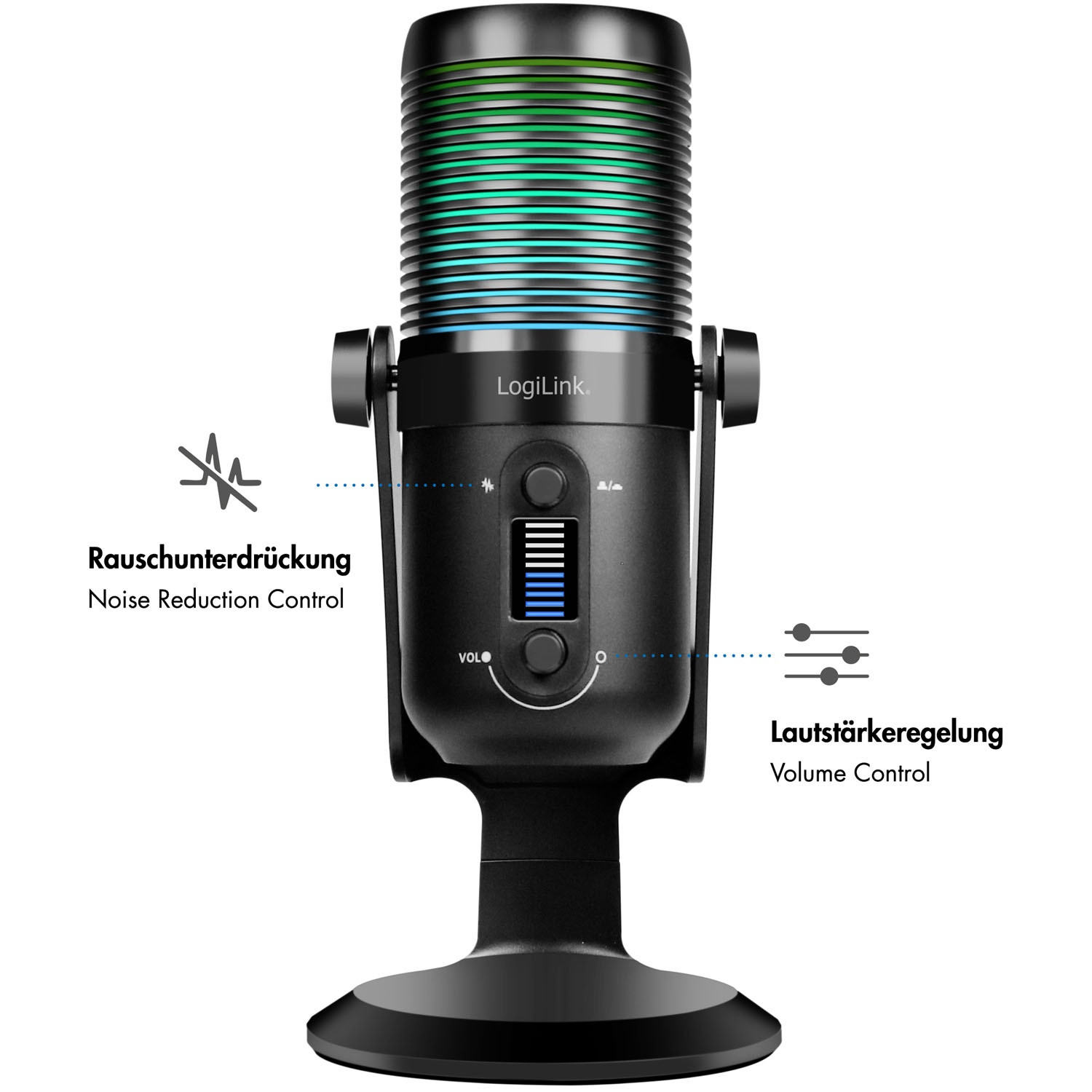 Microphone USB, cardioïde/omnidirectionnel, éclairage RVB