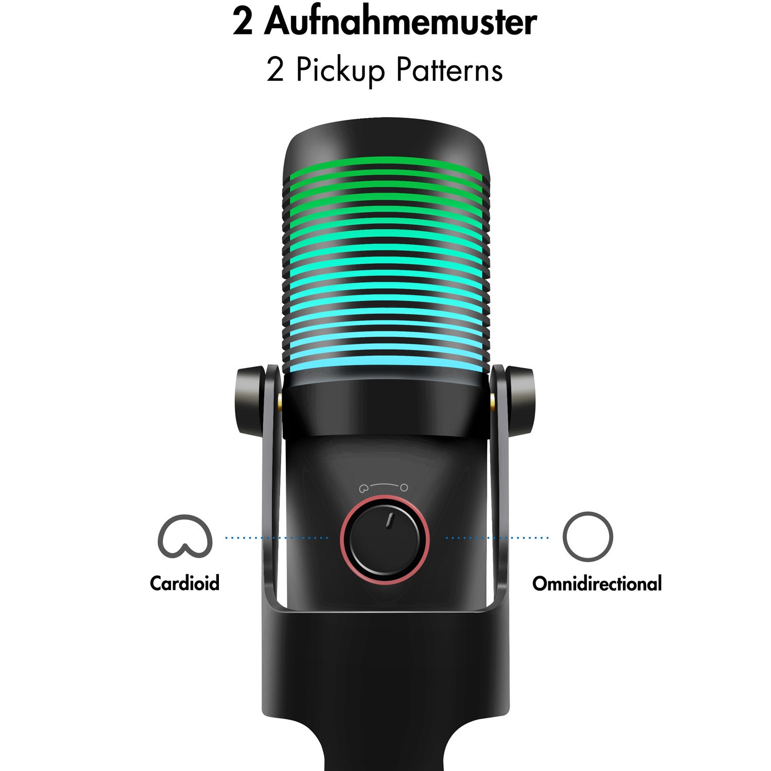 Microphone USB, cardioïde/omnidirectionnel, éclairage RVB