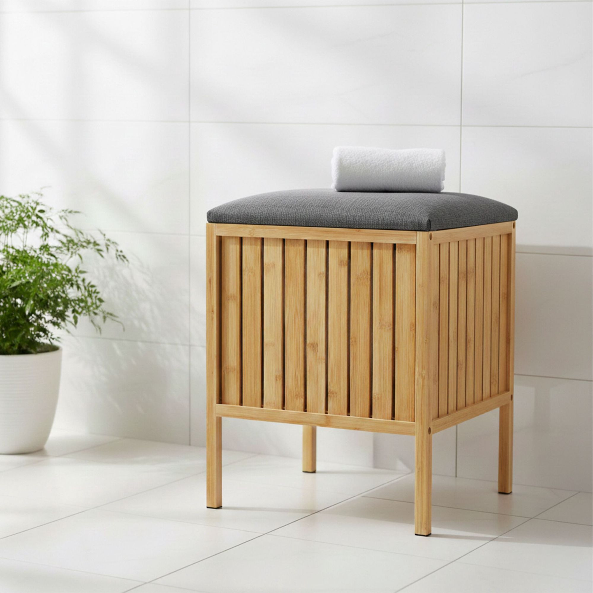 Assento para cesto de roupa suja em bambu com tampa acolchoada