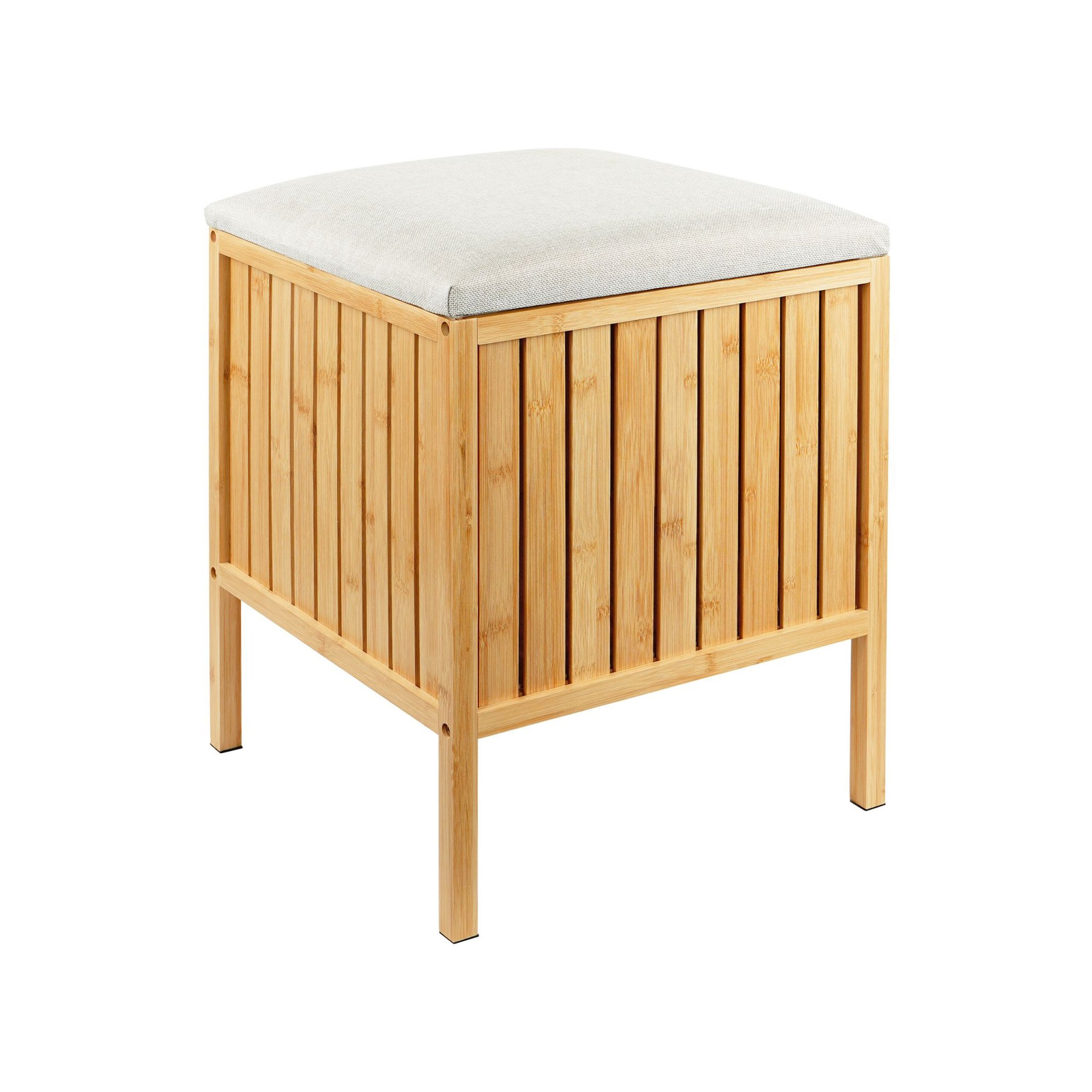 Cesto de roupa suja de bambu com assento e tampa acolchoada.