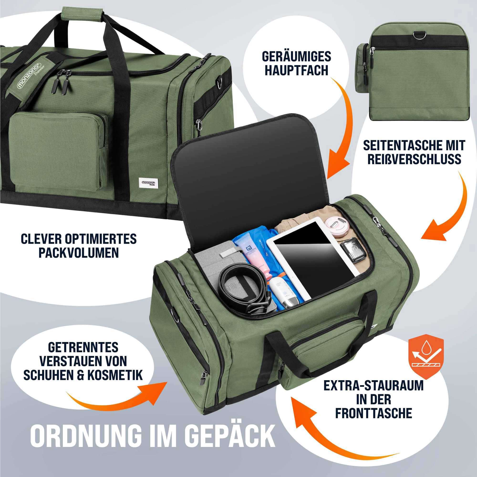 Sac de voyage 90L vert – Polyester, plusieurs compartiments