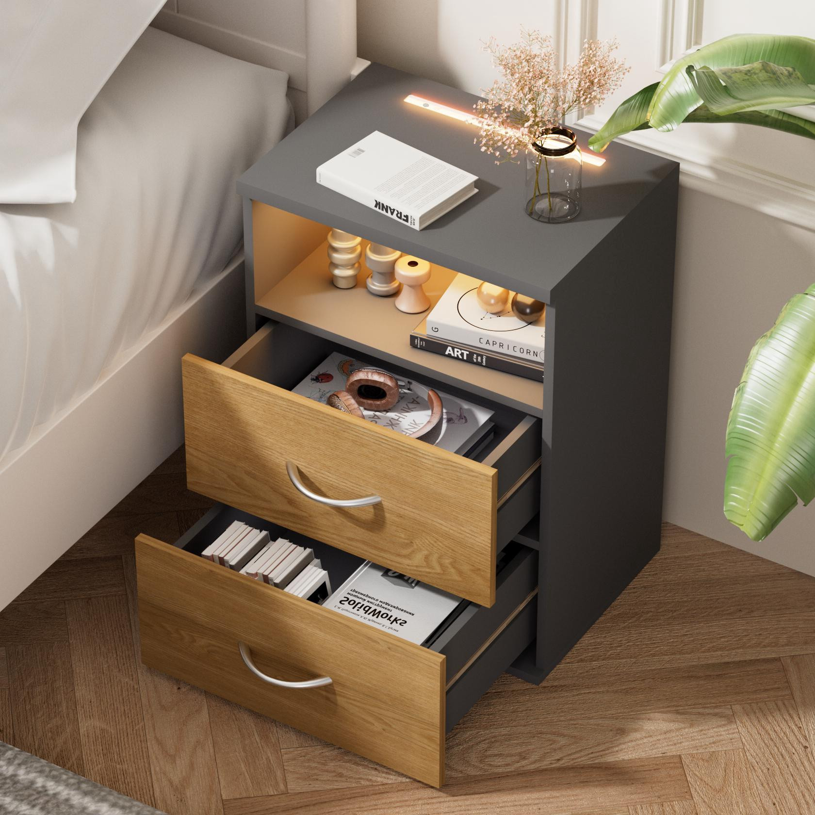 Nightstand Set with LED Lighting, Touch Control, 55cm