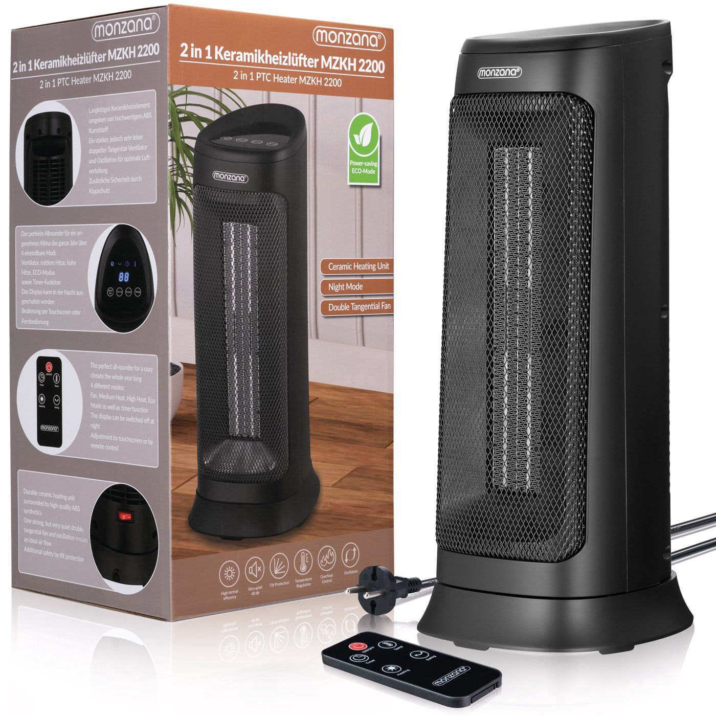 Ceramic Heater, 2000W, 4 Modes, Timer, Remote Control