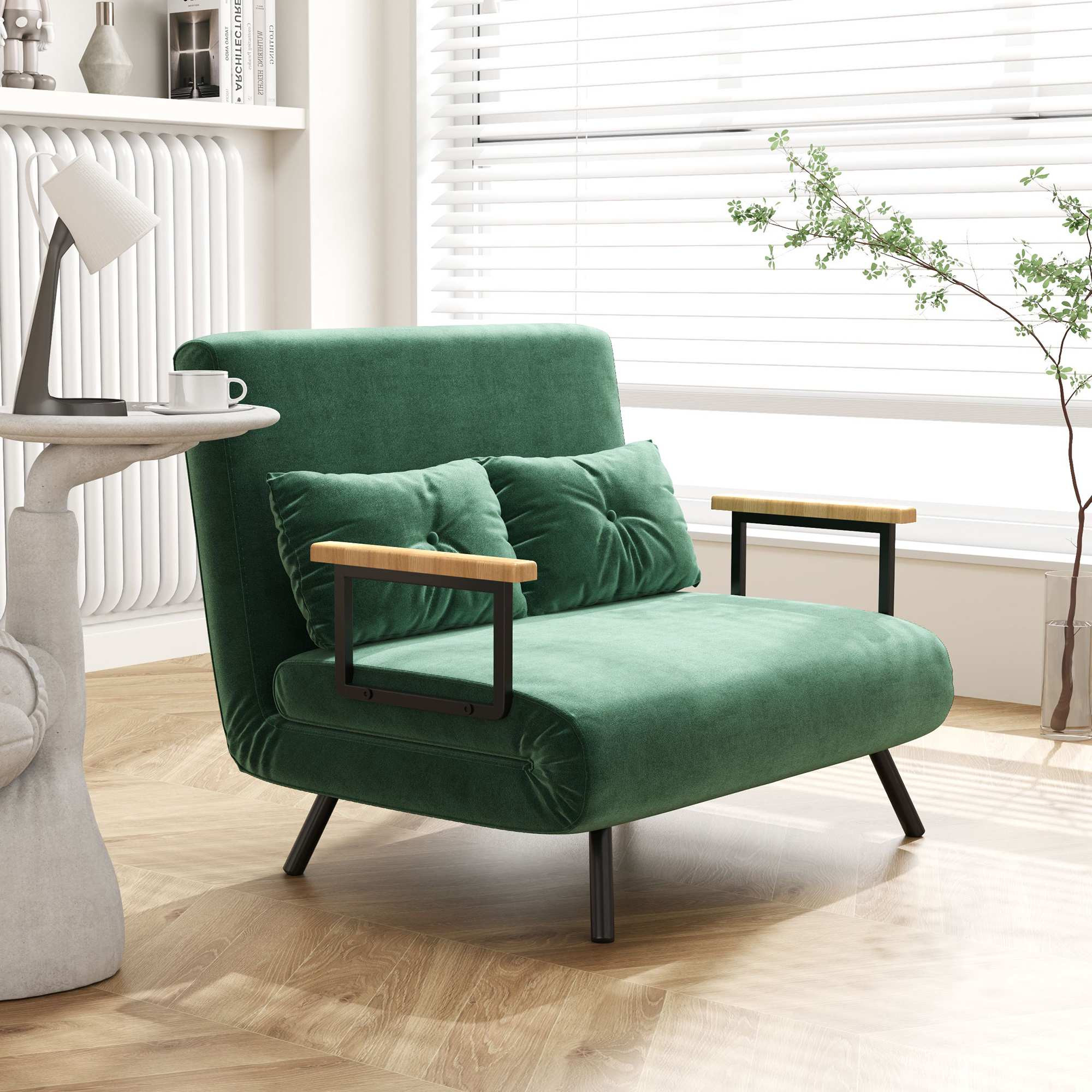 Sofá-cama conversível com encosto ajustável, tecido verde.