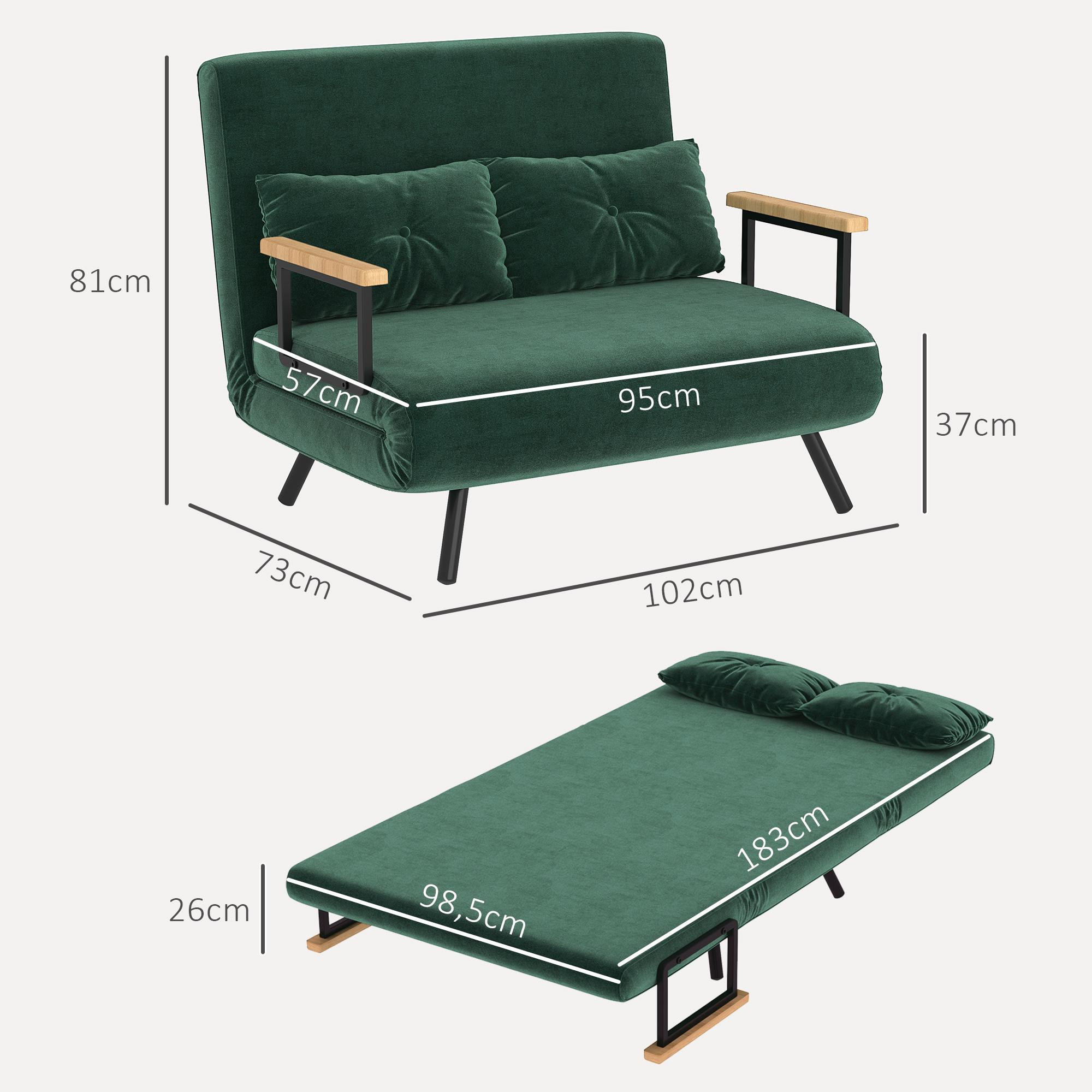Sofá-cama conversível com encosto ajustável, tecido verde.