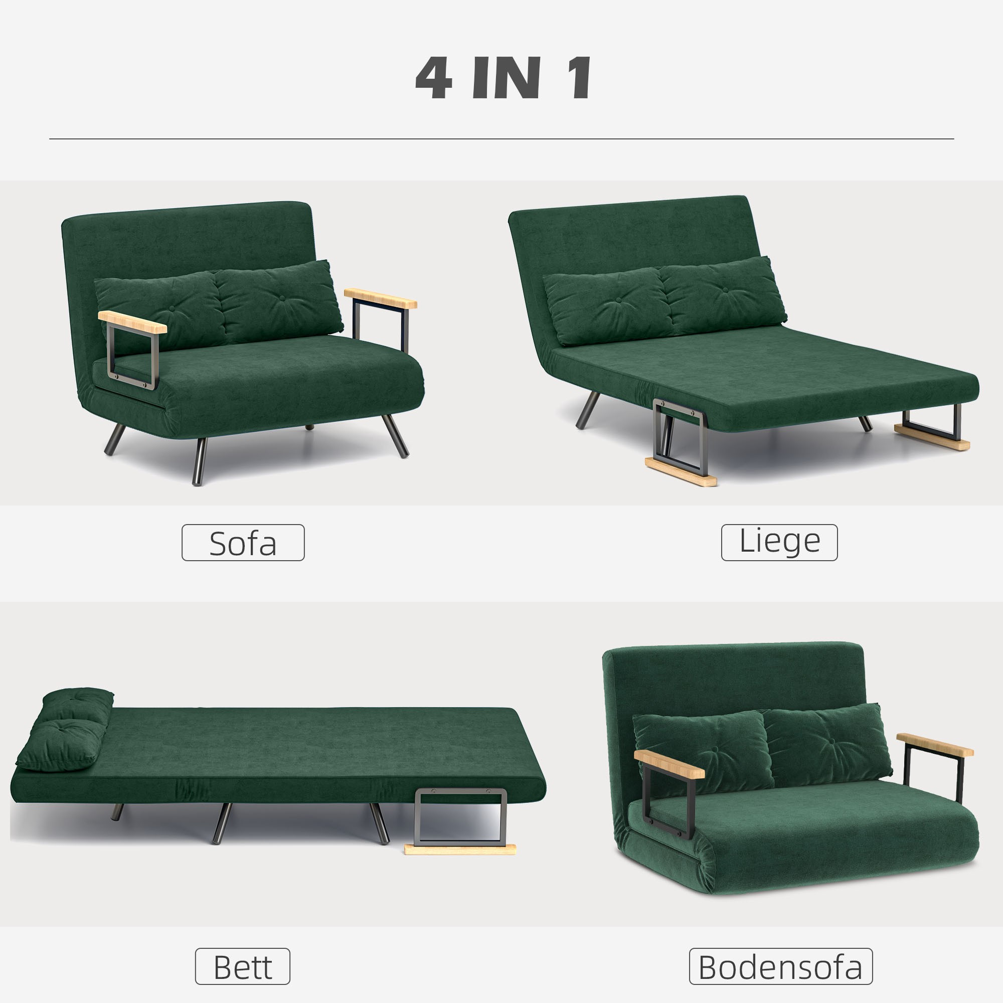 Sofá-cama conversível com encosto ajustável, tecido verde.