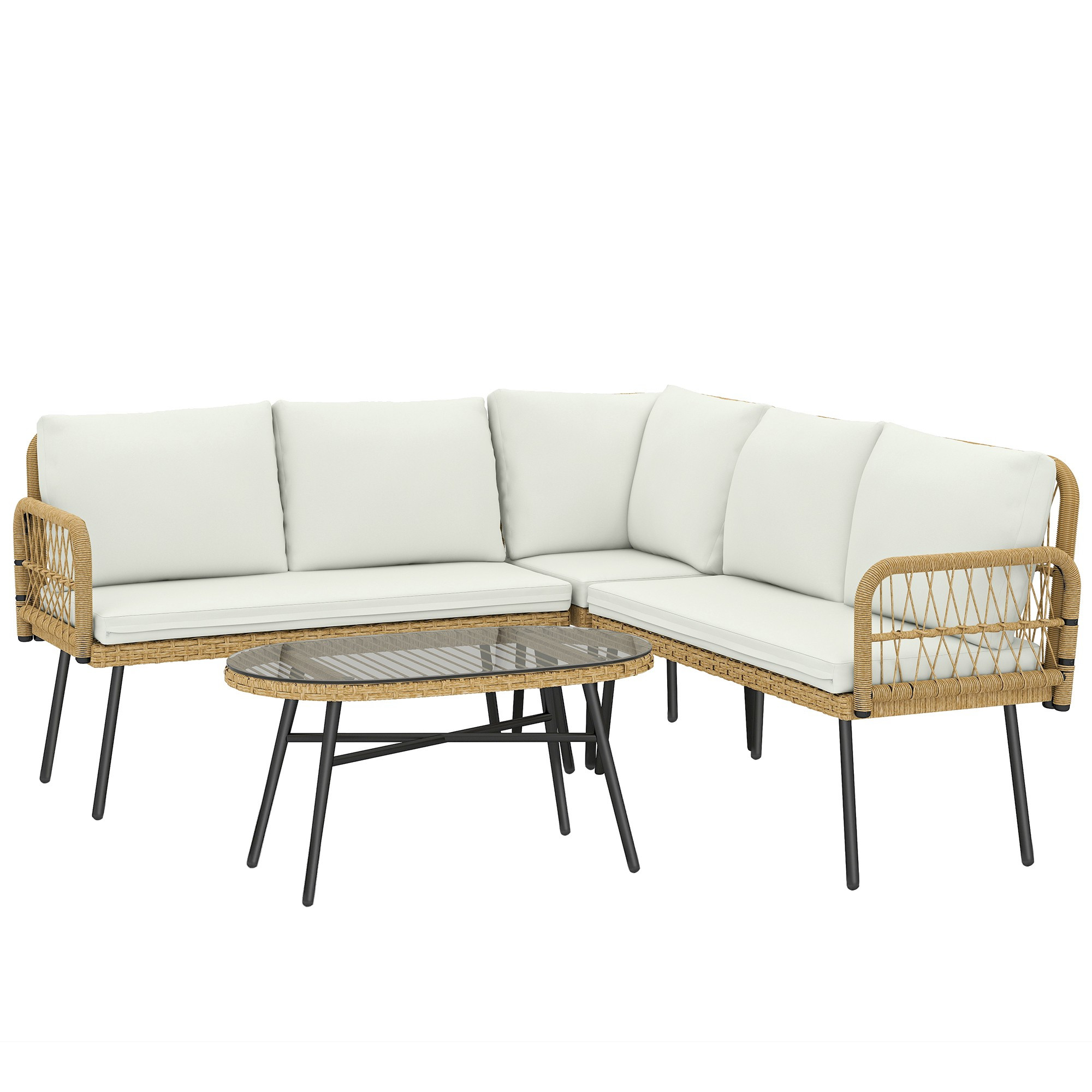 Conjunto de móveis de jardim em rattan com sofá e mesa.