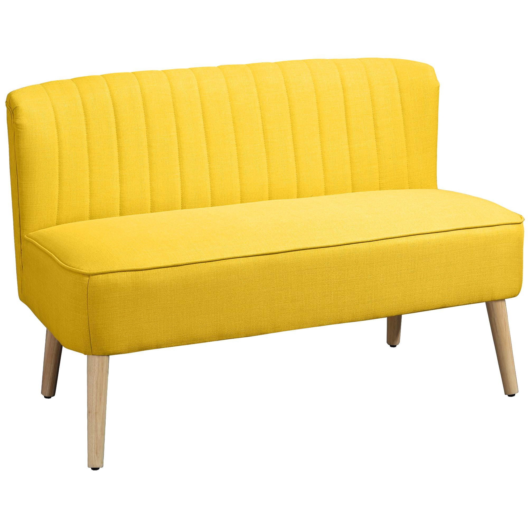 Sofá amarelo de 2 lugares, espuma e linho, design compacto