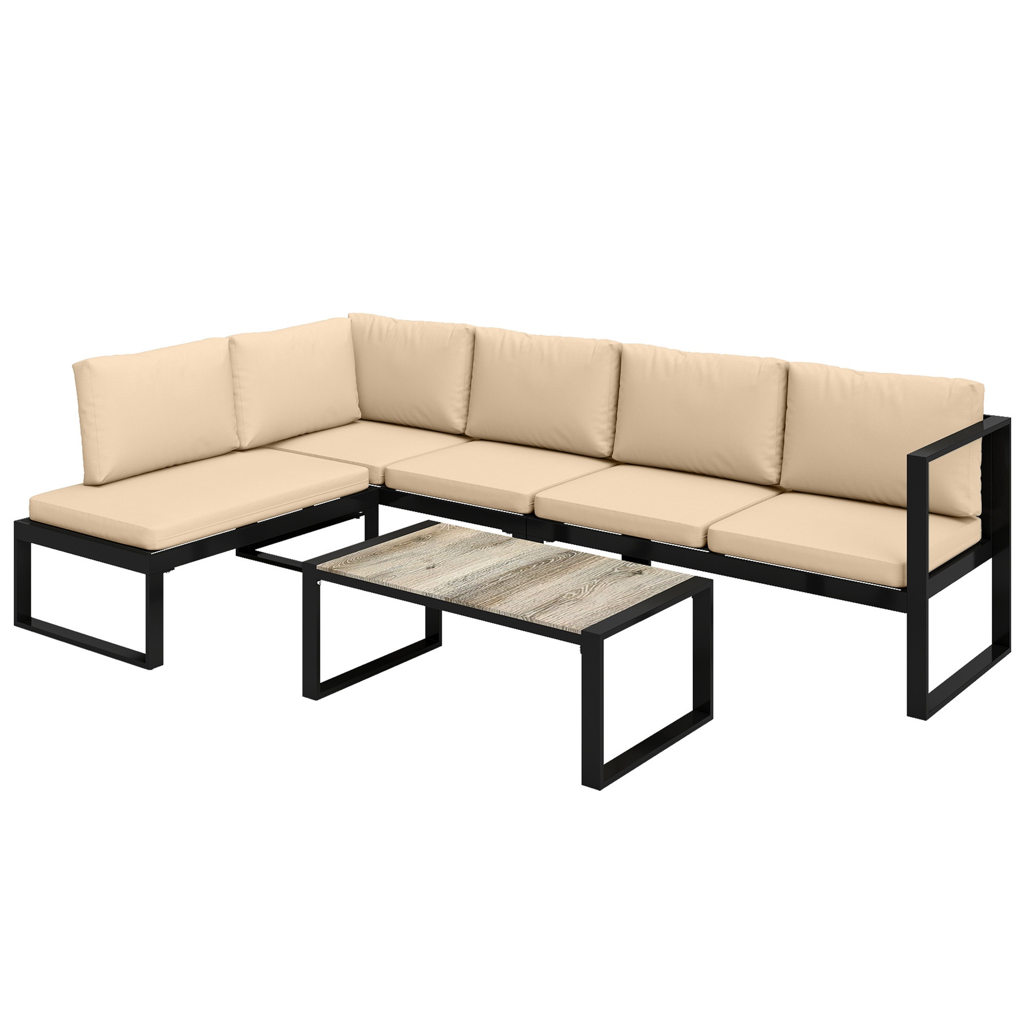 Conjunto de sofá para área externa com 4 peças, almofadas e mesa.