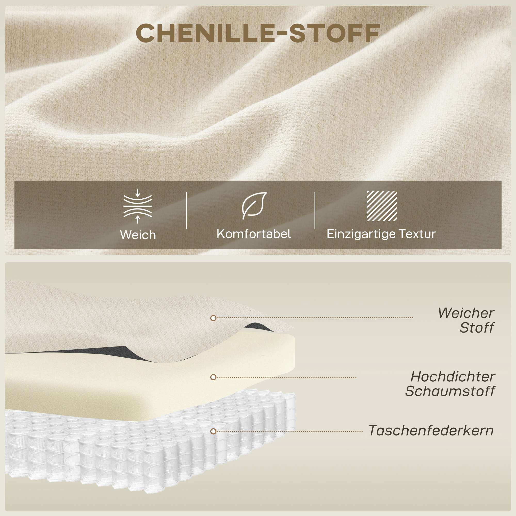 Sofá de 3 lugares, 203 cm, tecido chenille, branco creme