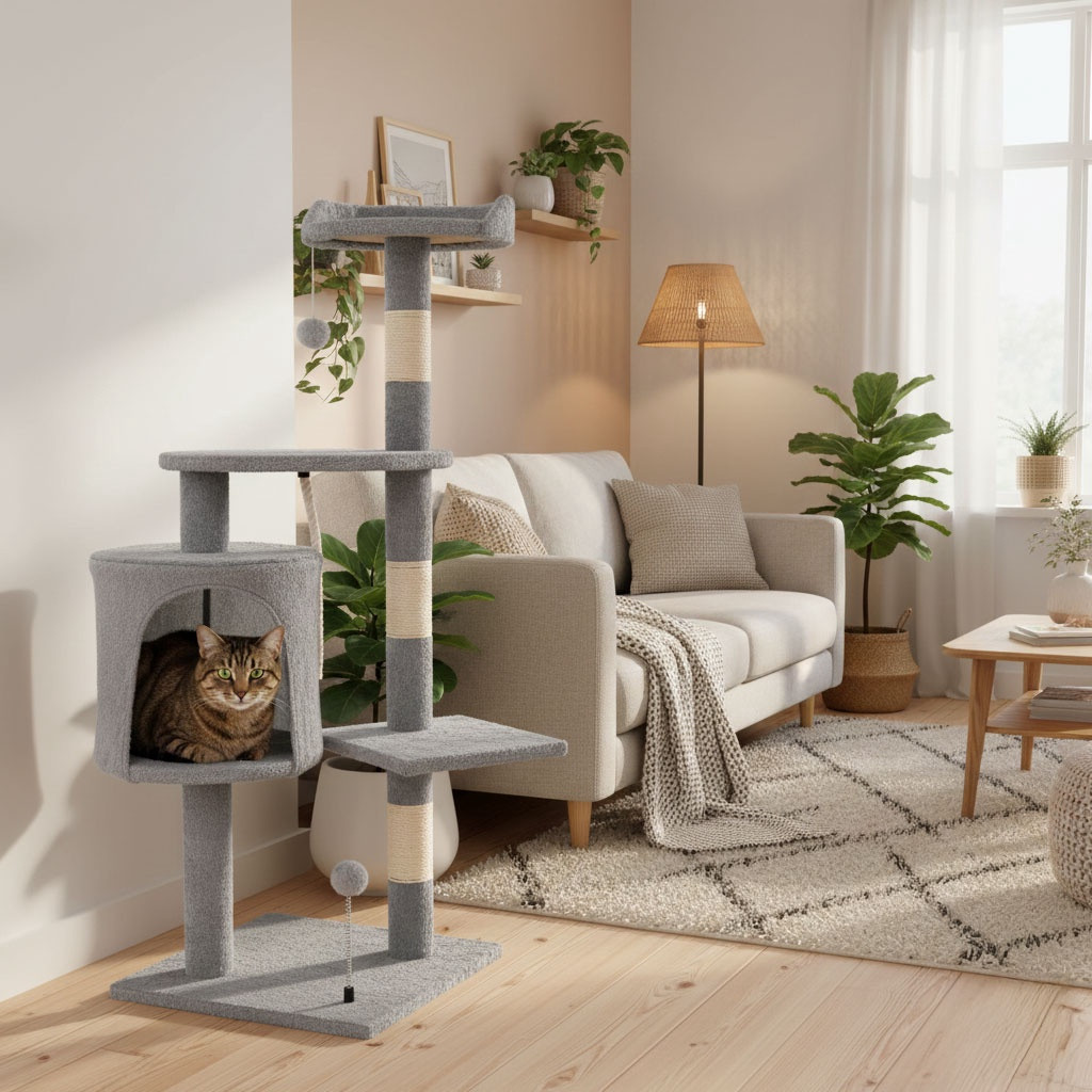 Arbre à chat avec maisonnette, 110 cm, gris