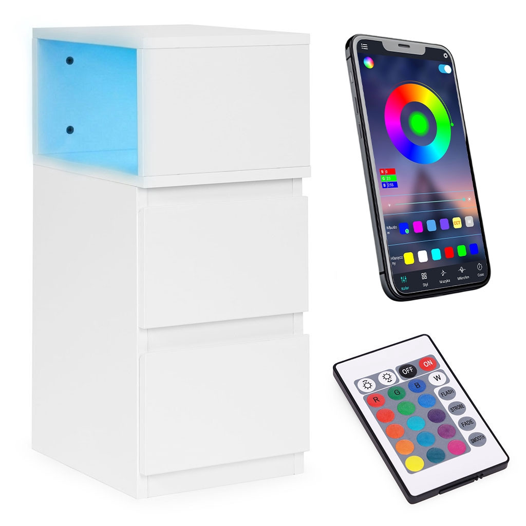 LED Bedside Table with 2 Drawers, White MDF, Remote-Controlled