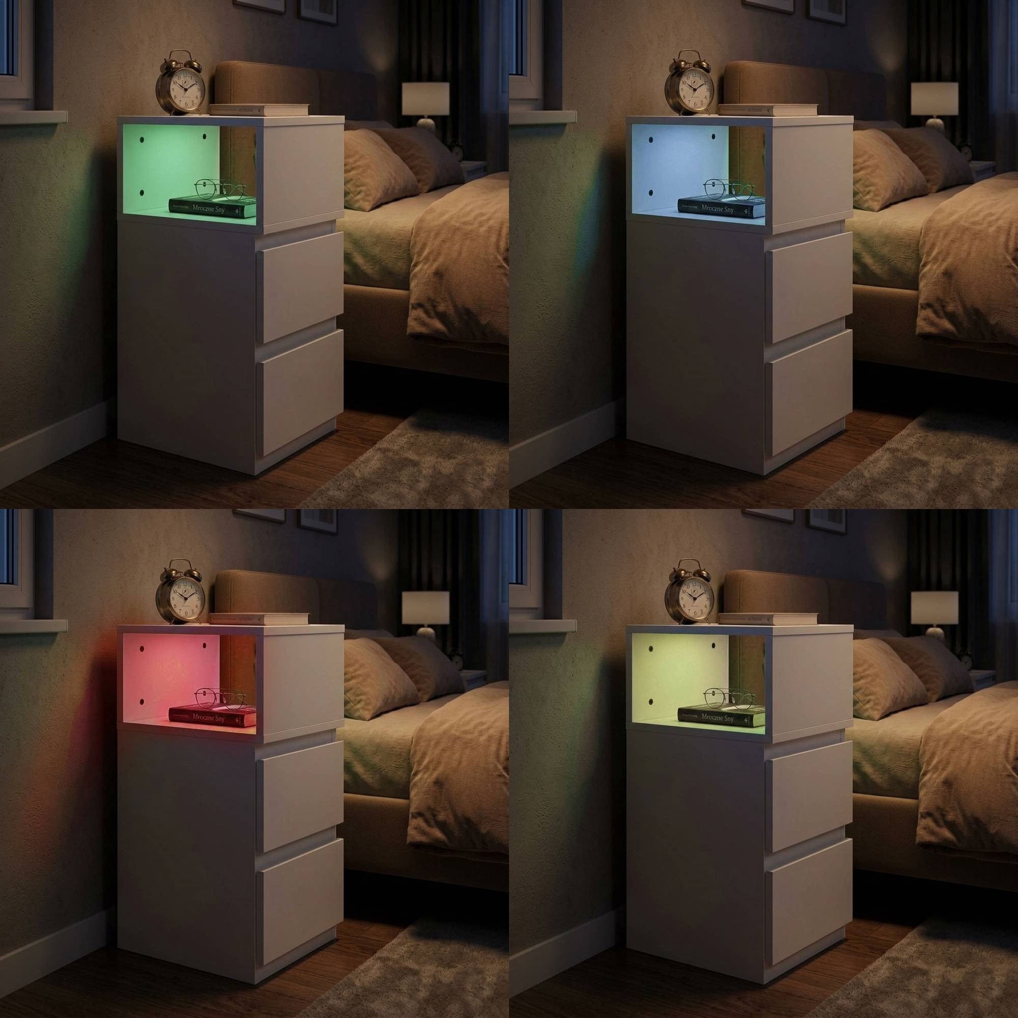 Table de chevet LED avec 2 tiroirs, MDF blanc, télécommandée