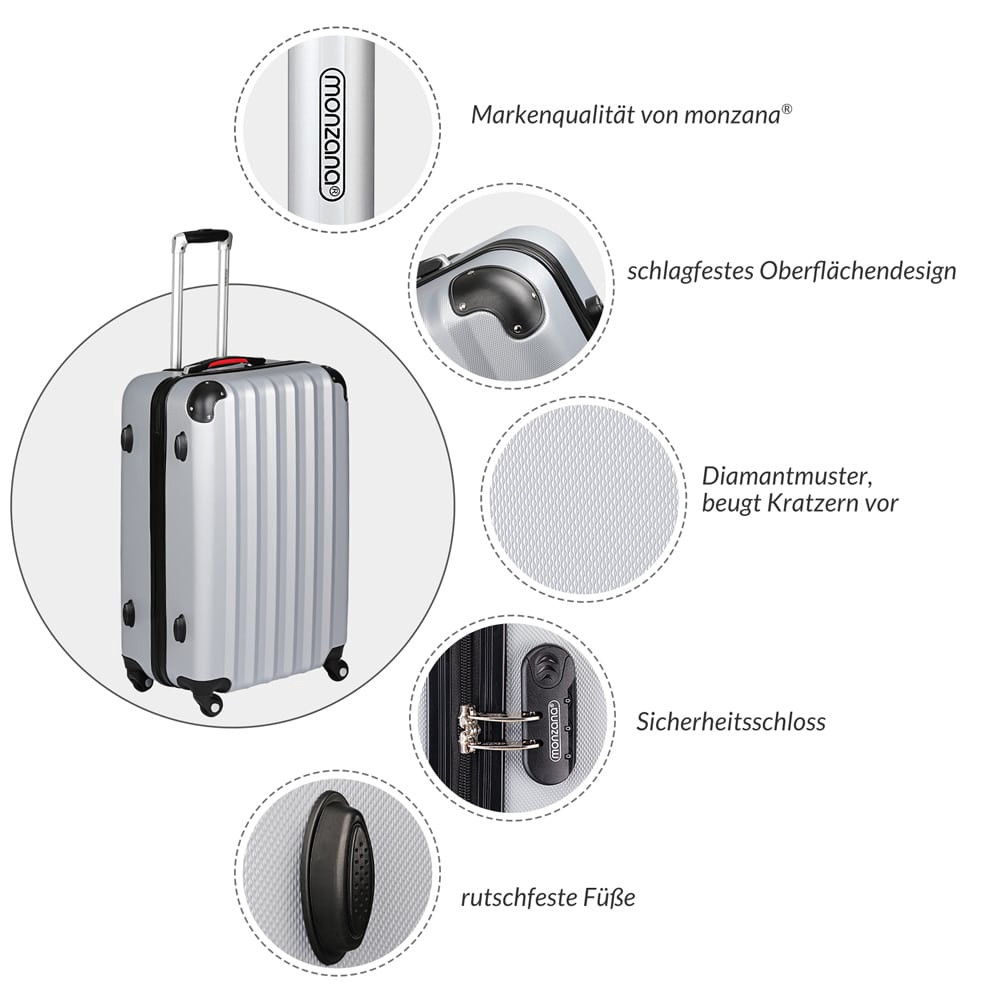 Hard Shell Suitcase, Silver, 90L, ABS, 360 Wheels