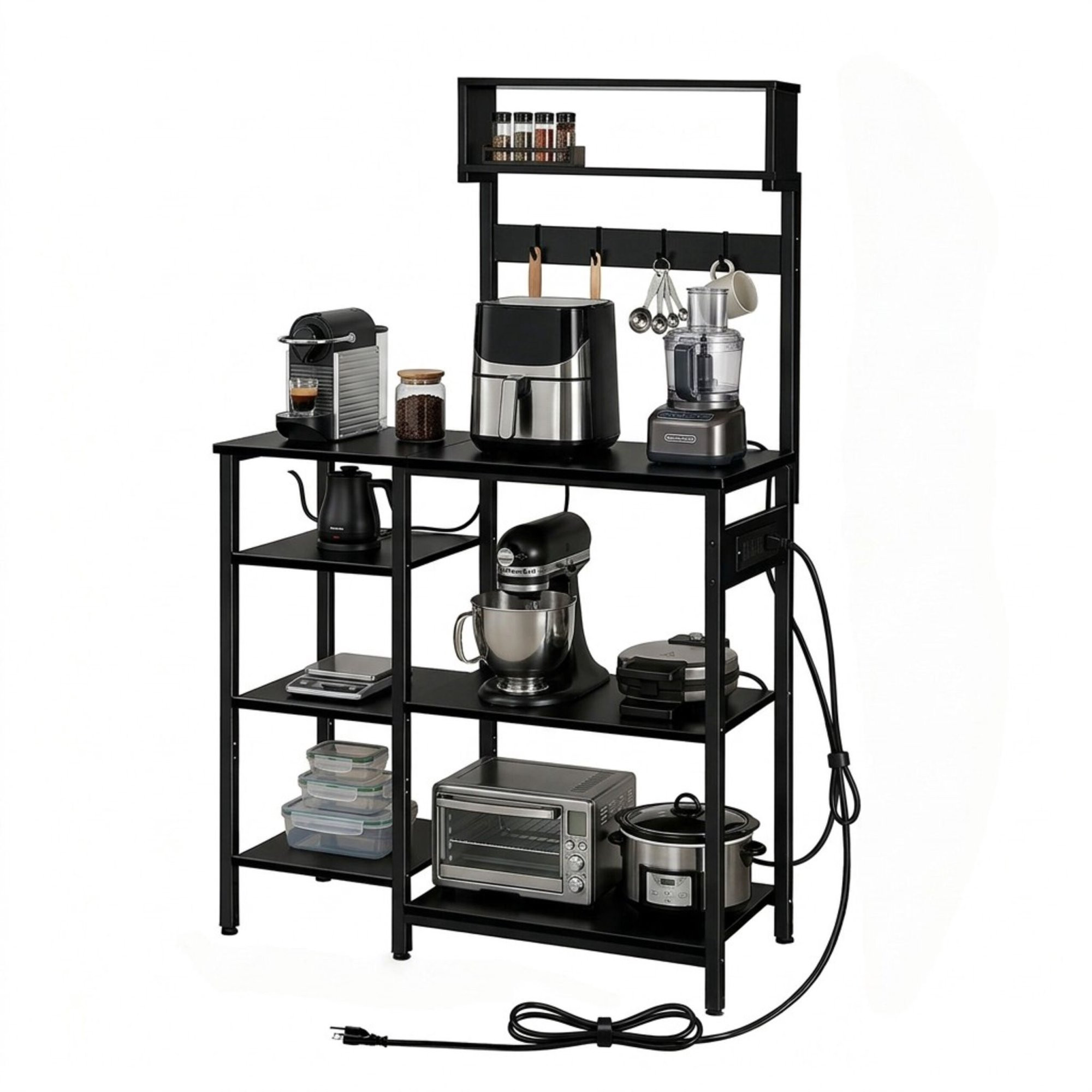 Kitchen Storage Shelf with Power Outlets and Hooks