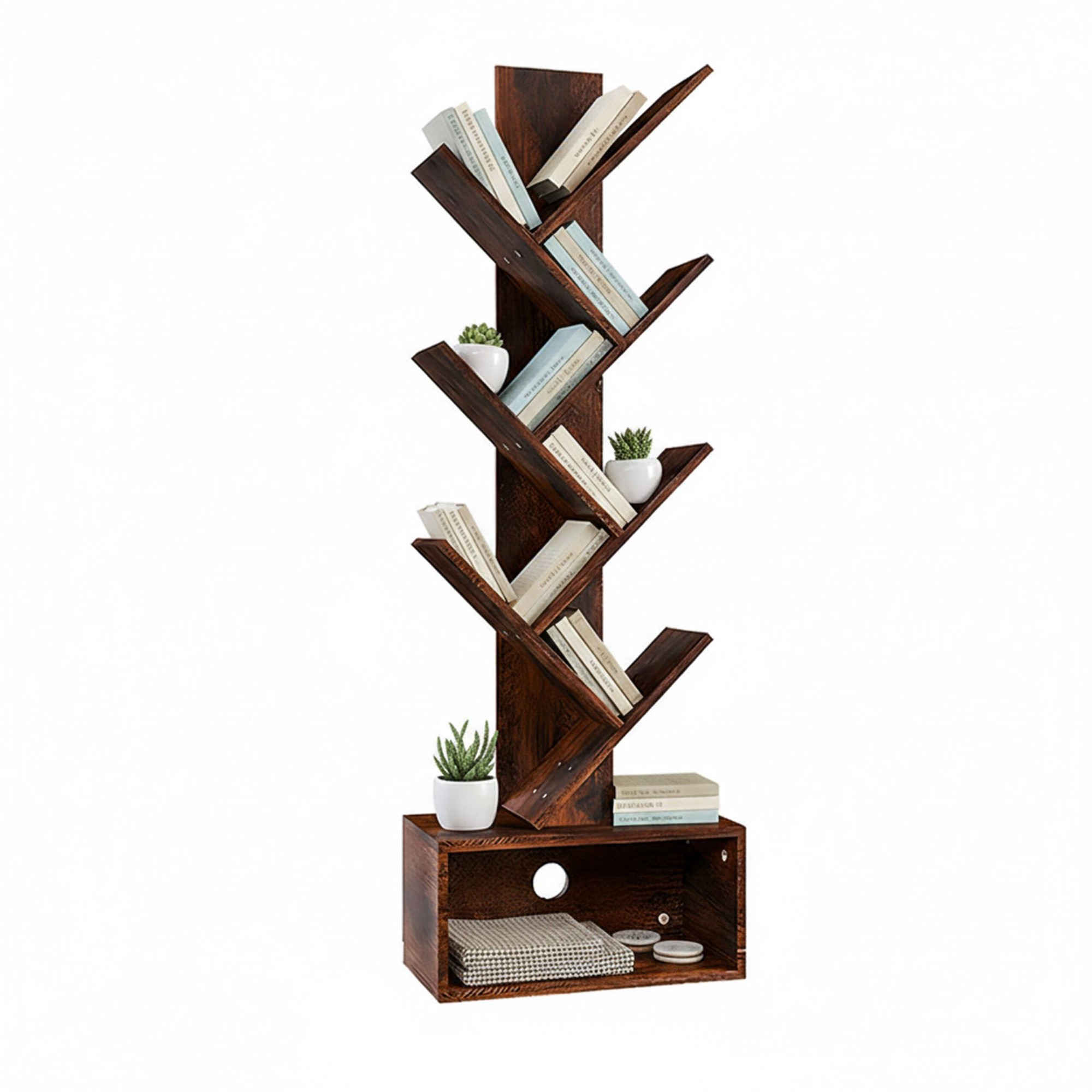 6-Tier Tree Bookcase with Closed Storage Compartment