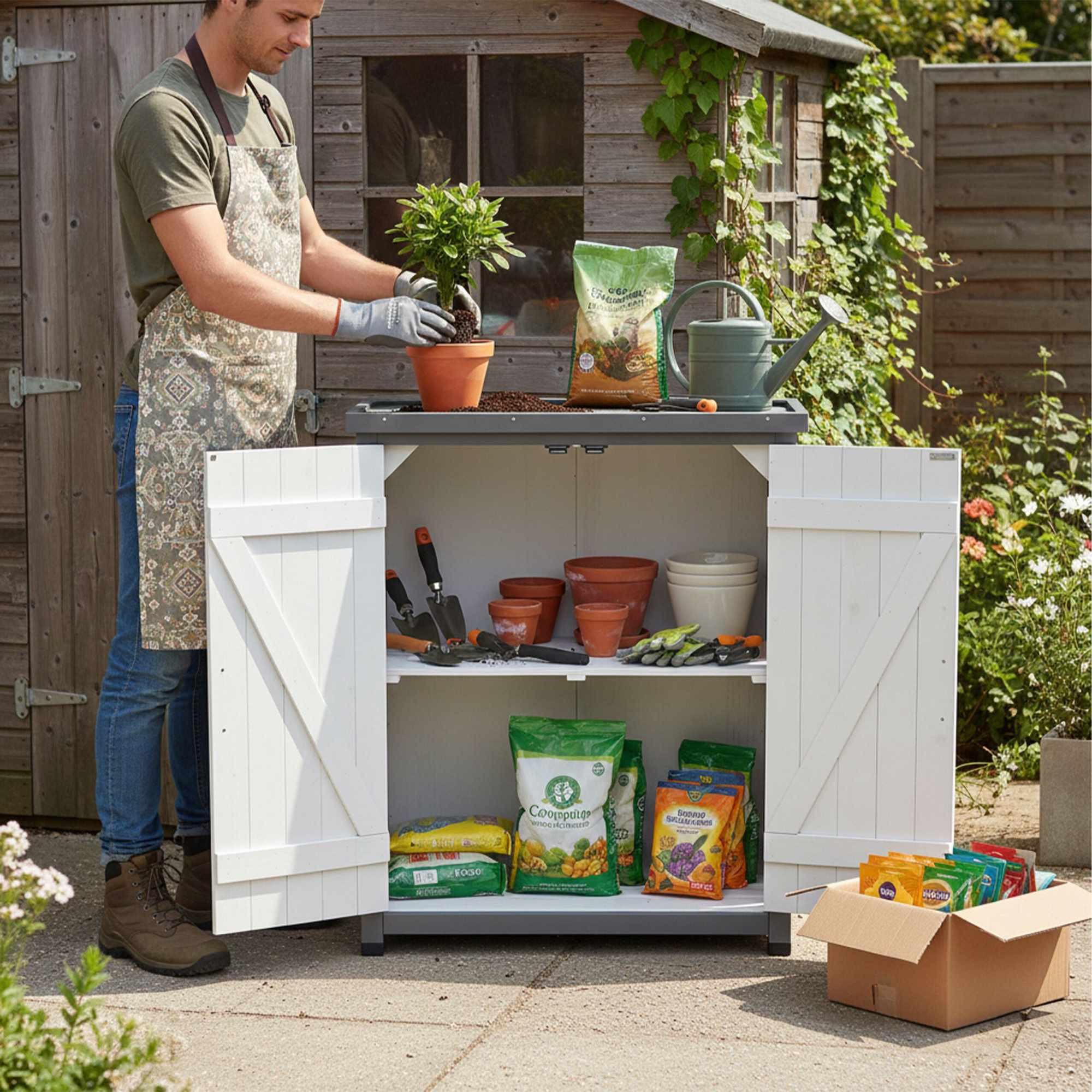 Potting Table with Cabinet and Galvanized Worktop