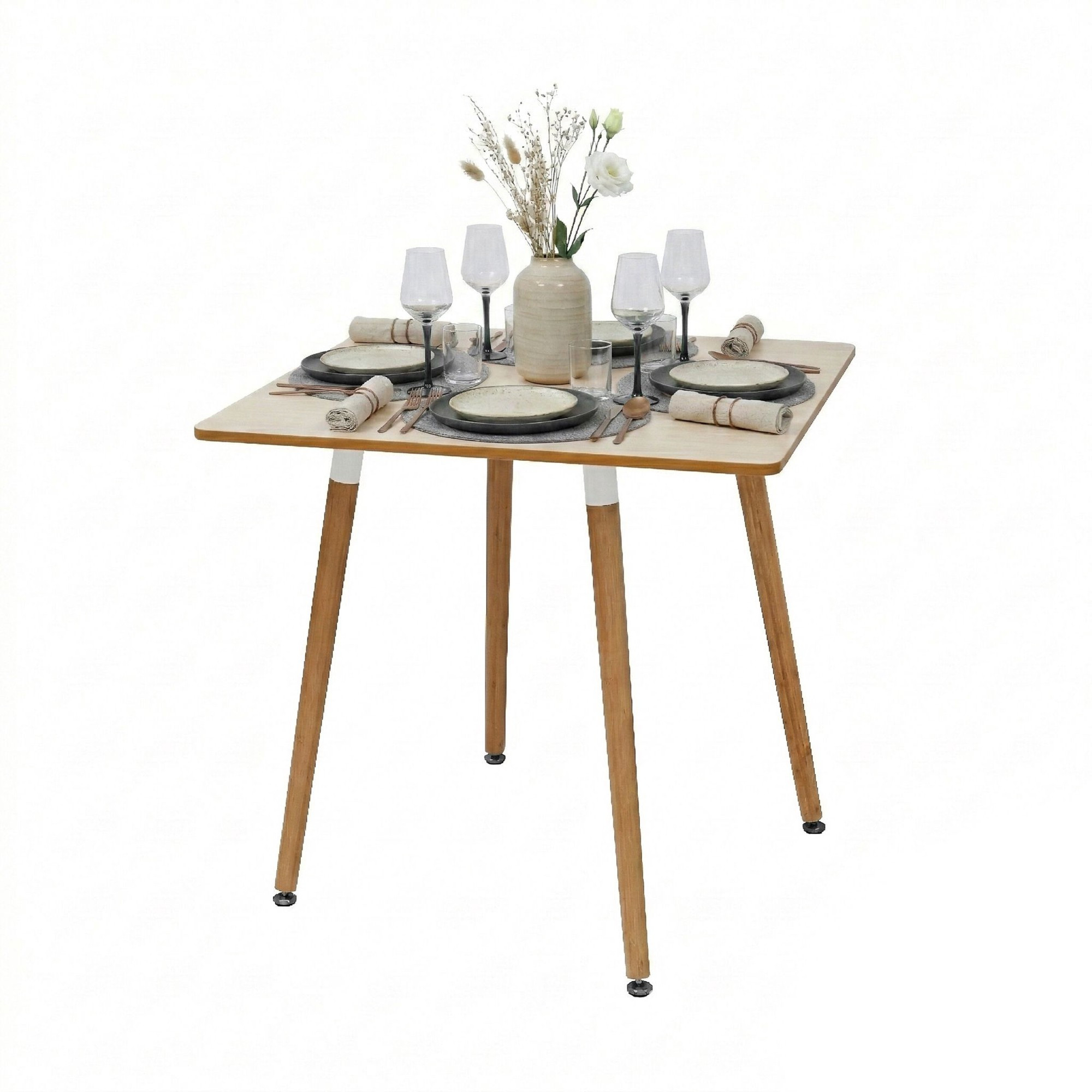 Mesa de jantar quadrada com pés de bambu