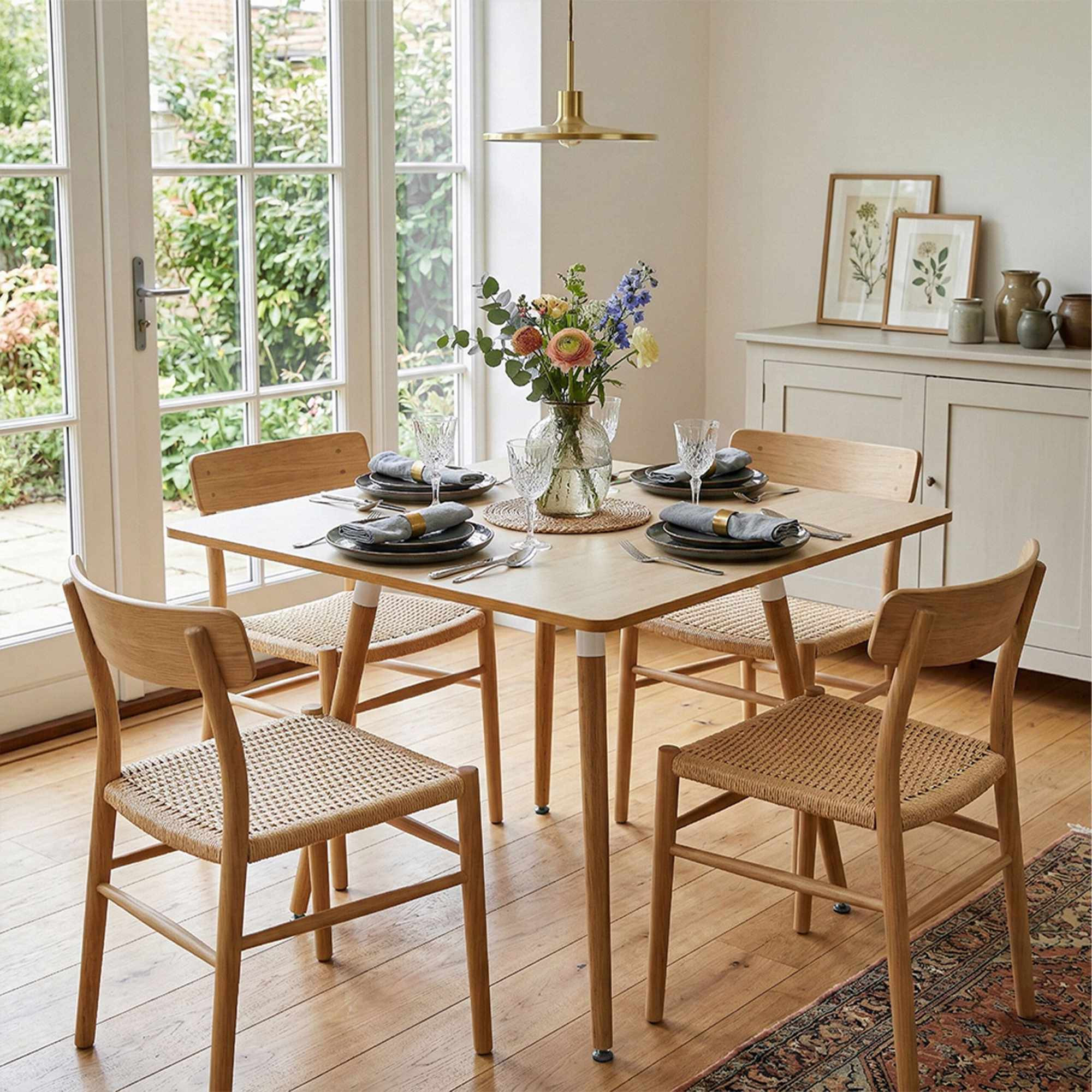 Mesa de jantar quadrada com pés de bambu
