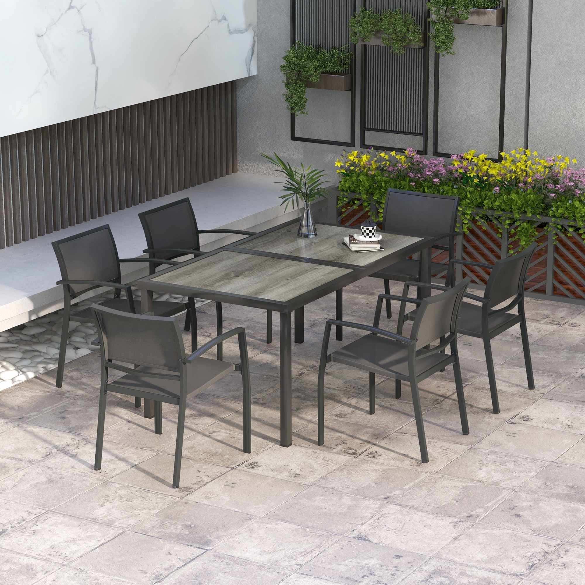 Outdoor Dining Set with Table and 6 Stackable Chairs, Grey