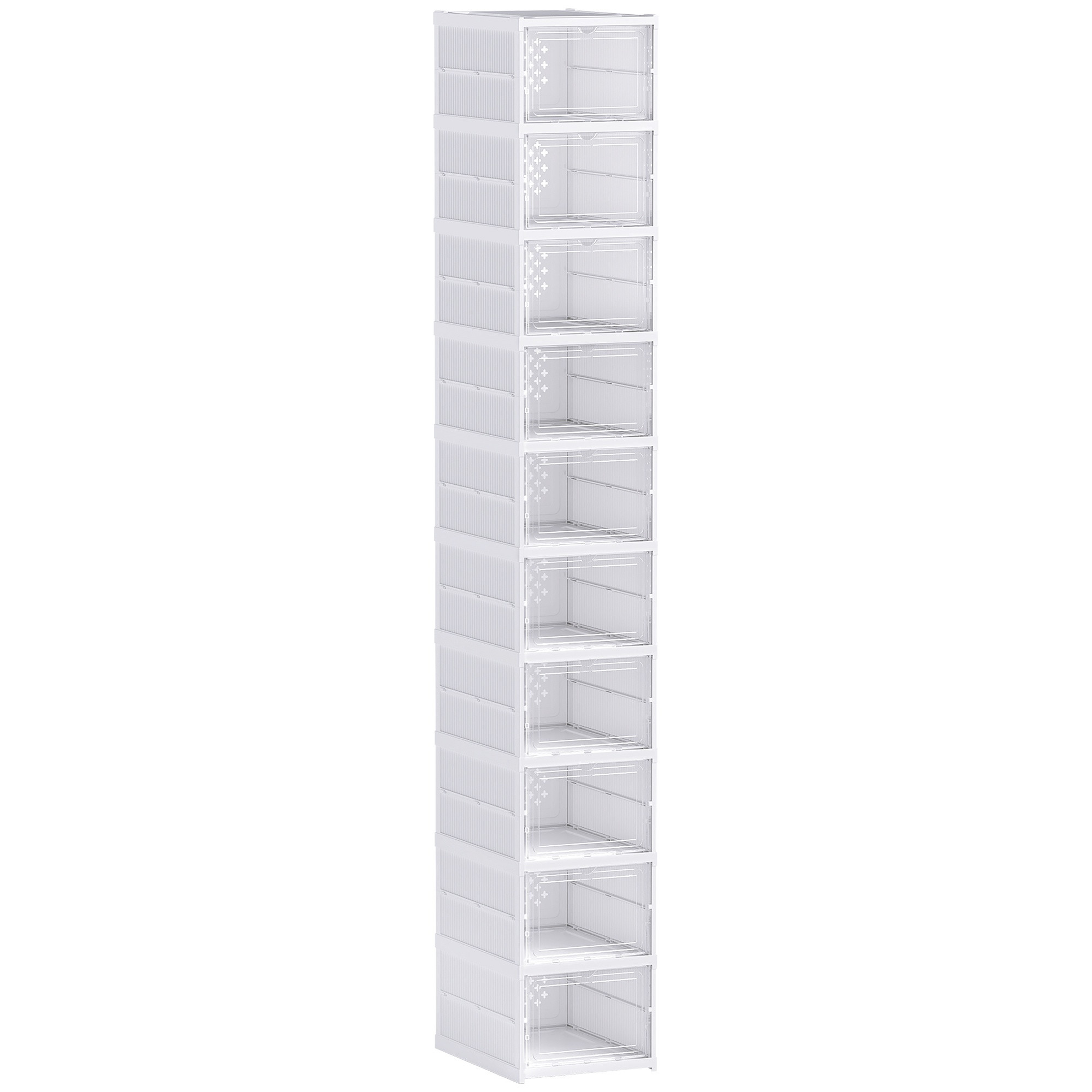 10-Tier Foldable Shoe Rack, Ventilated Back, White Plastic