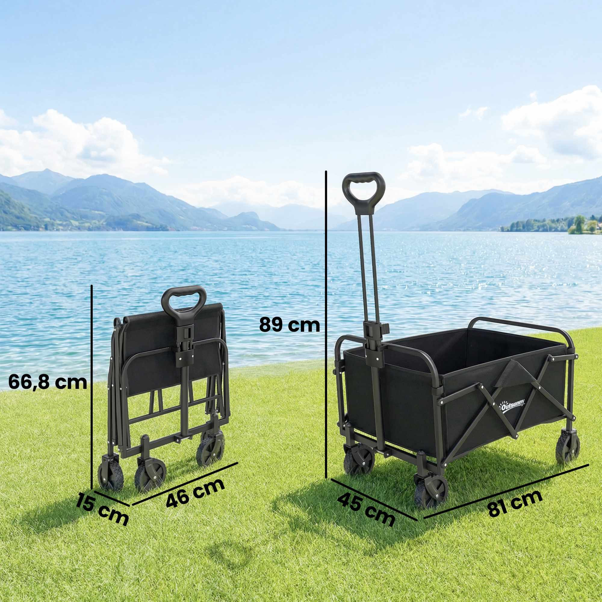 Folding Wagon with Adjustable Handle, 68kg Capacity, Black