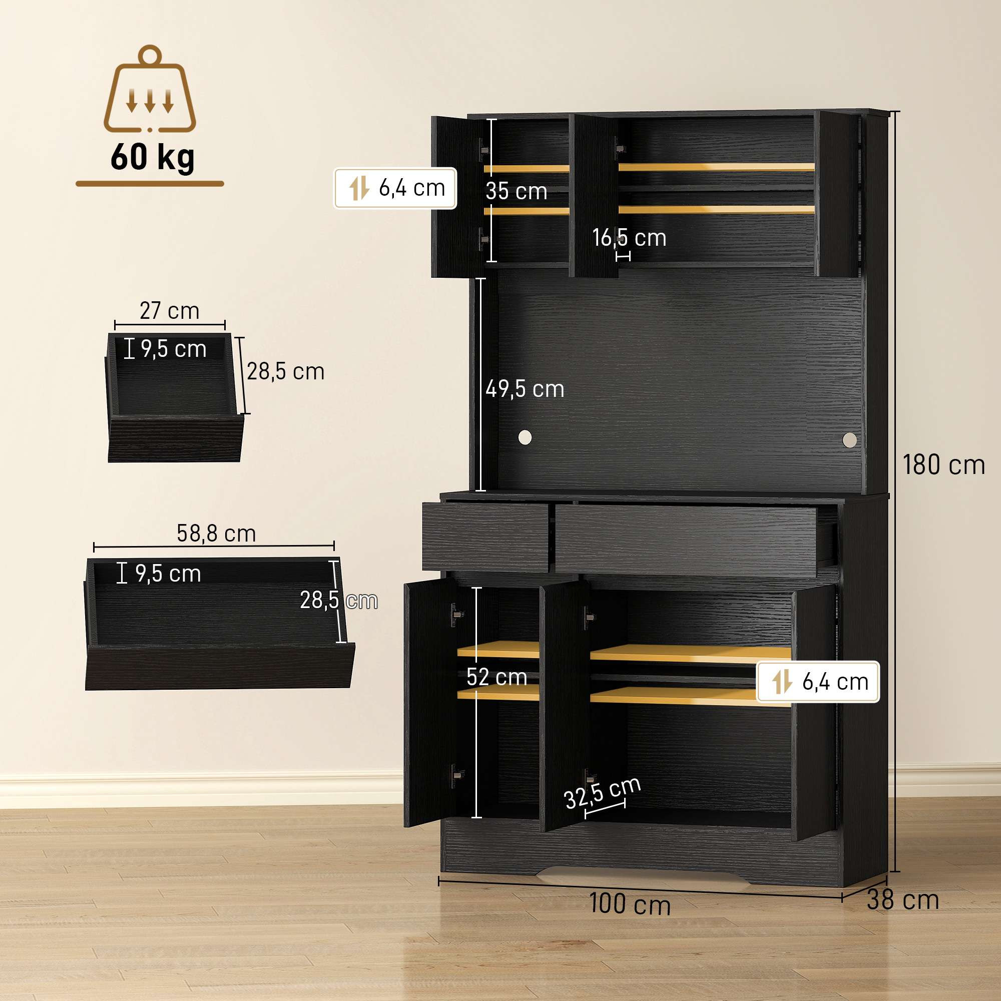 Black Kitchen Buffet Cabinet with Adjustable Shelves