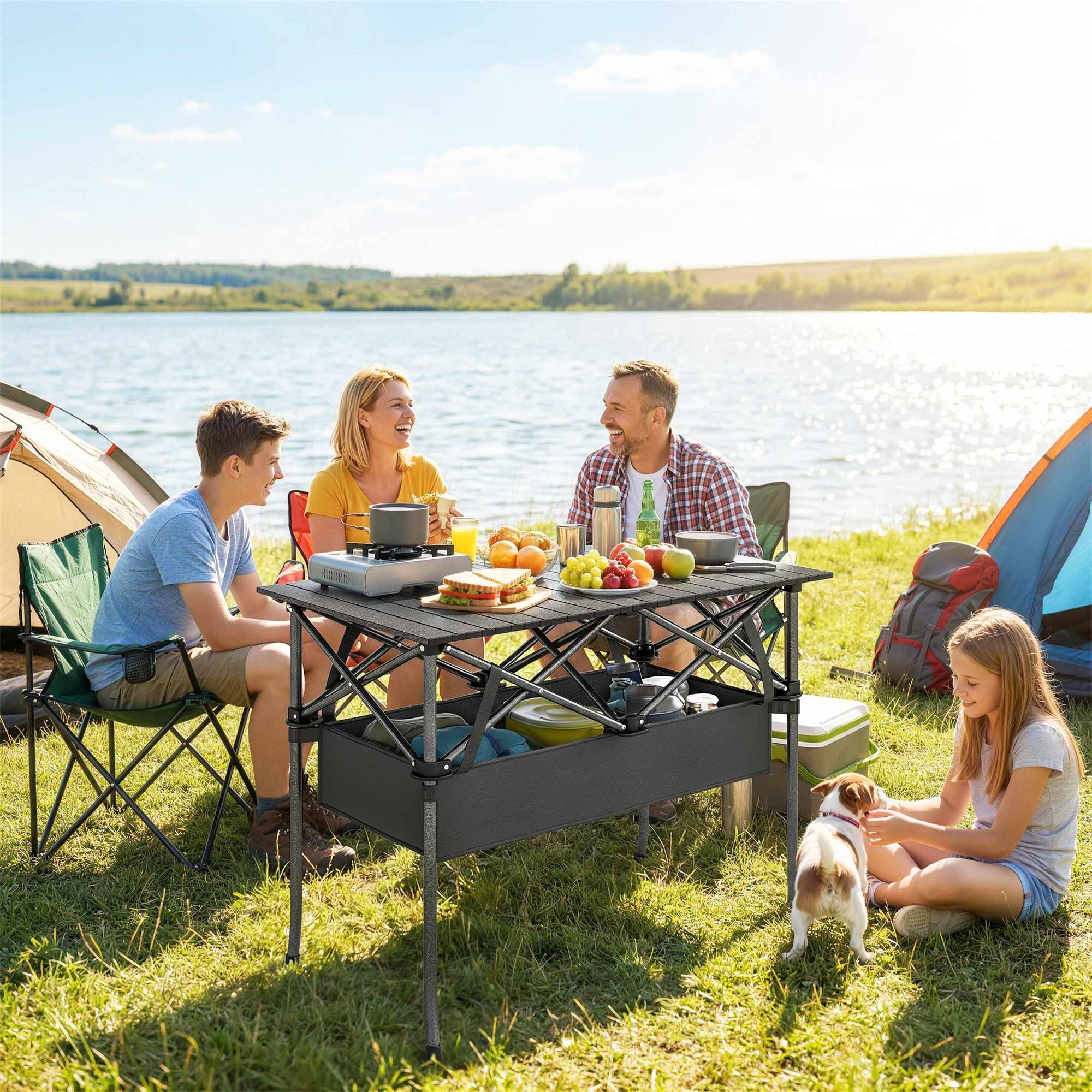 Portable Folding Camping Table with Mesh Storage, Black