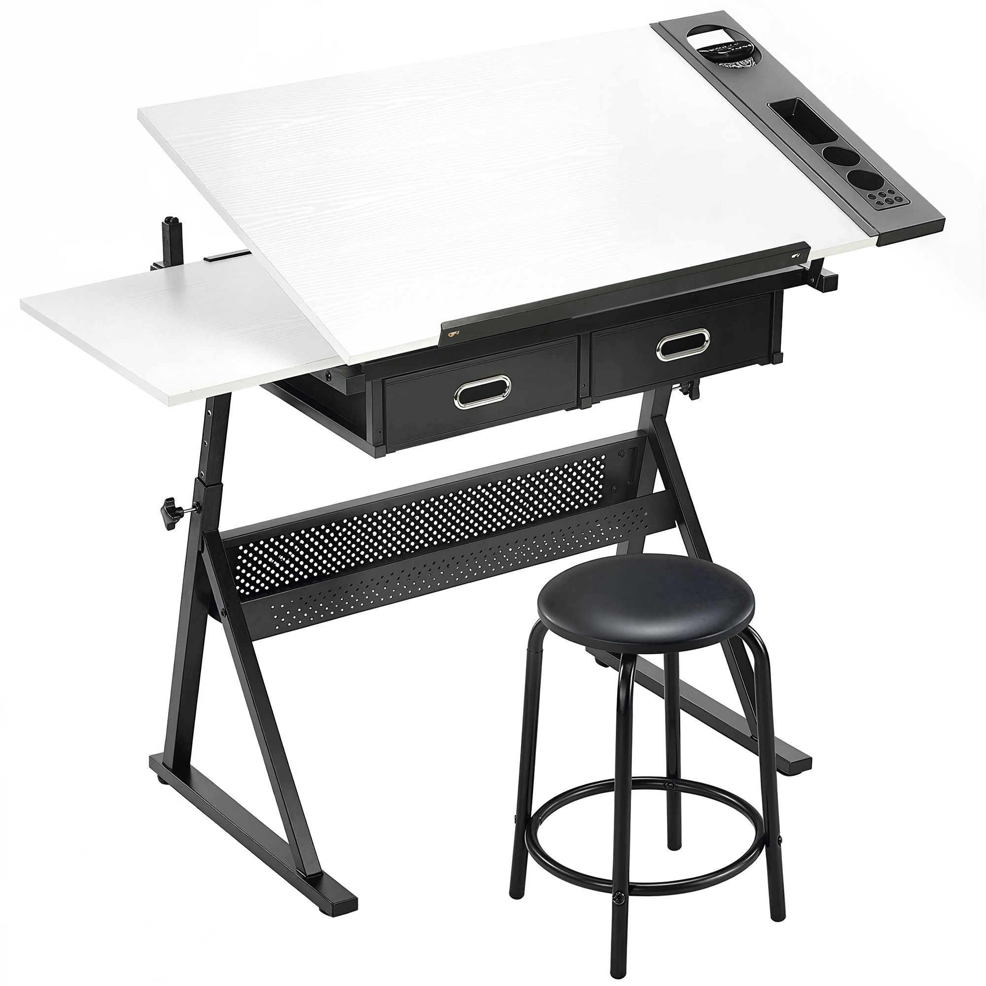 Adjustable Drawing Table with Stool and Storage, White