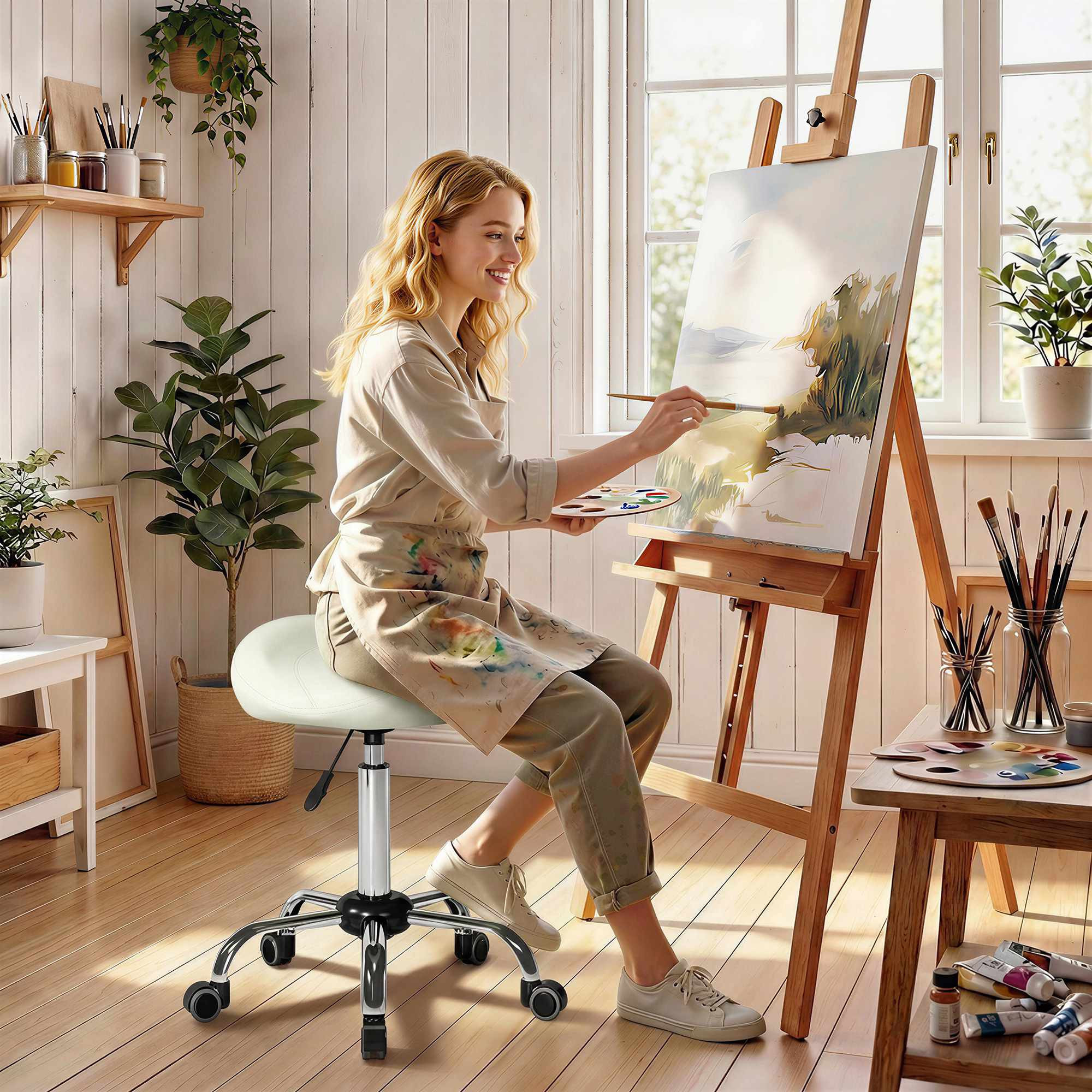 Adjustable Saddle Stool with PU Leather, Cream White