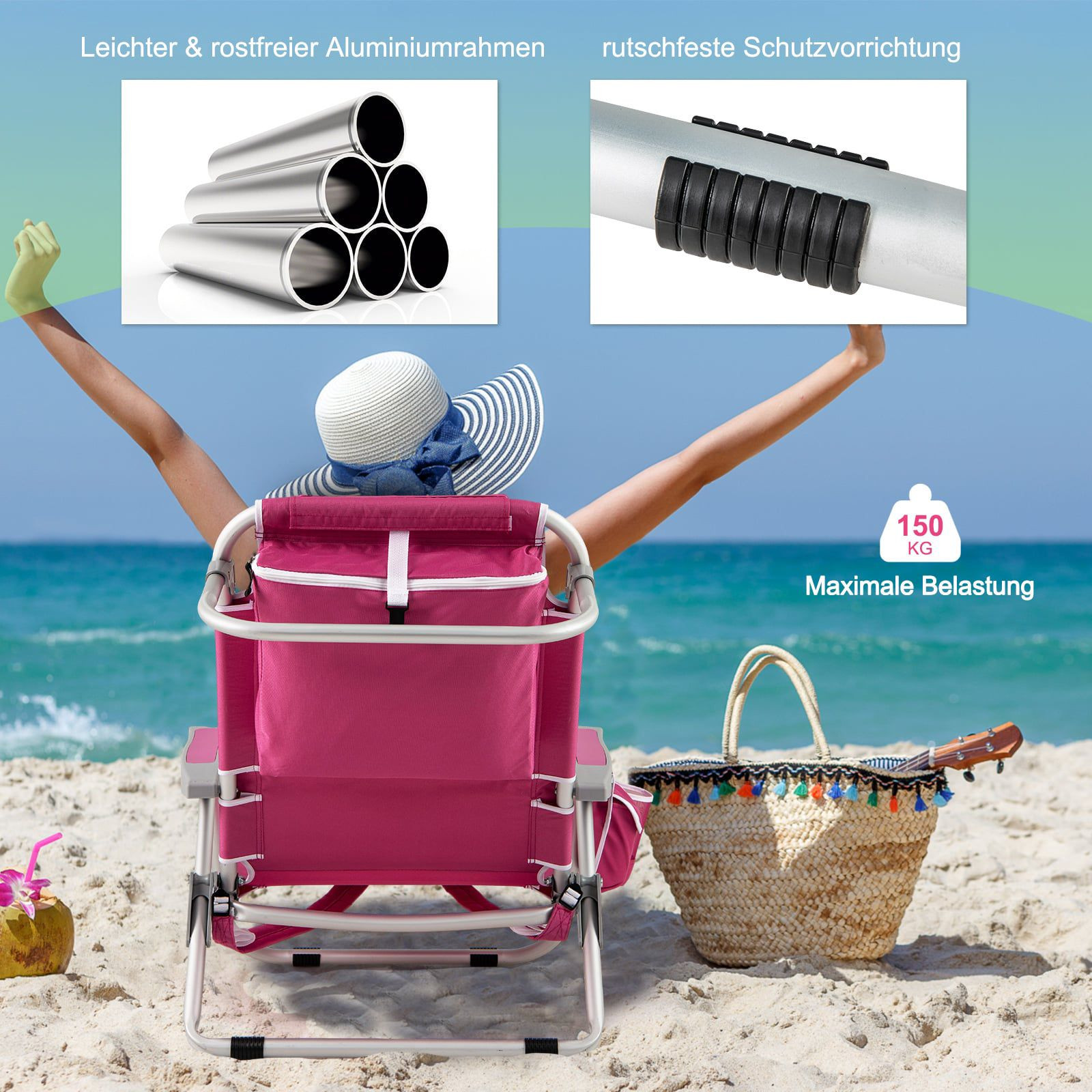 Folding Beach Chair Set, Adjustable Backrest, Pink