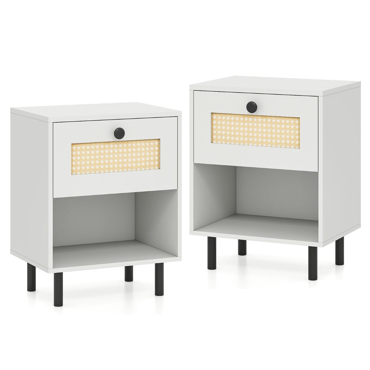 Boho Style Nightstand Set with Rattan Drawer, 2 Pieces