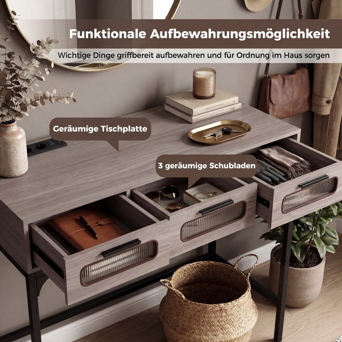 Console Table with LED Lights, Charging Station, Drawers