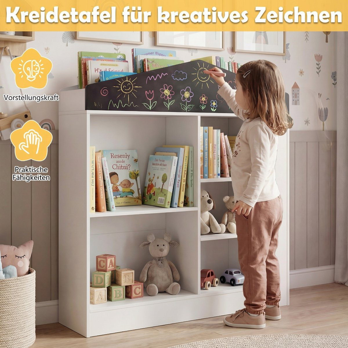Libreria per bambini con lavagna e 11 scomparti