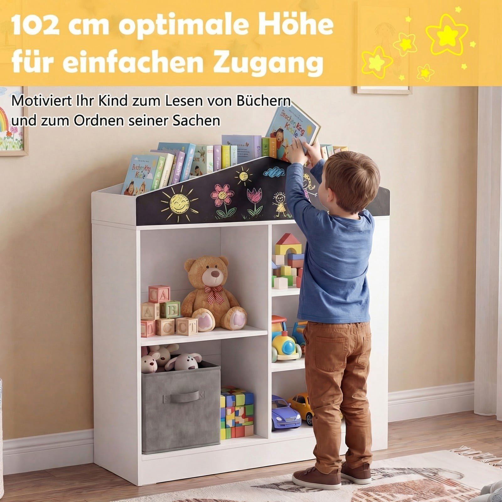 Libreria per bambini con lavagna e 11 scomparti