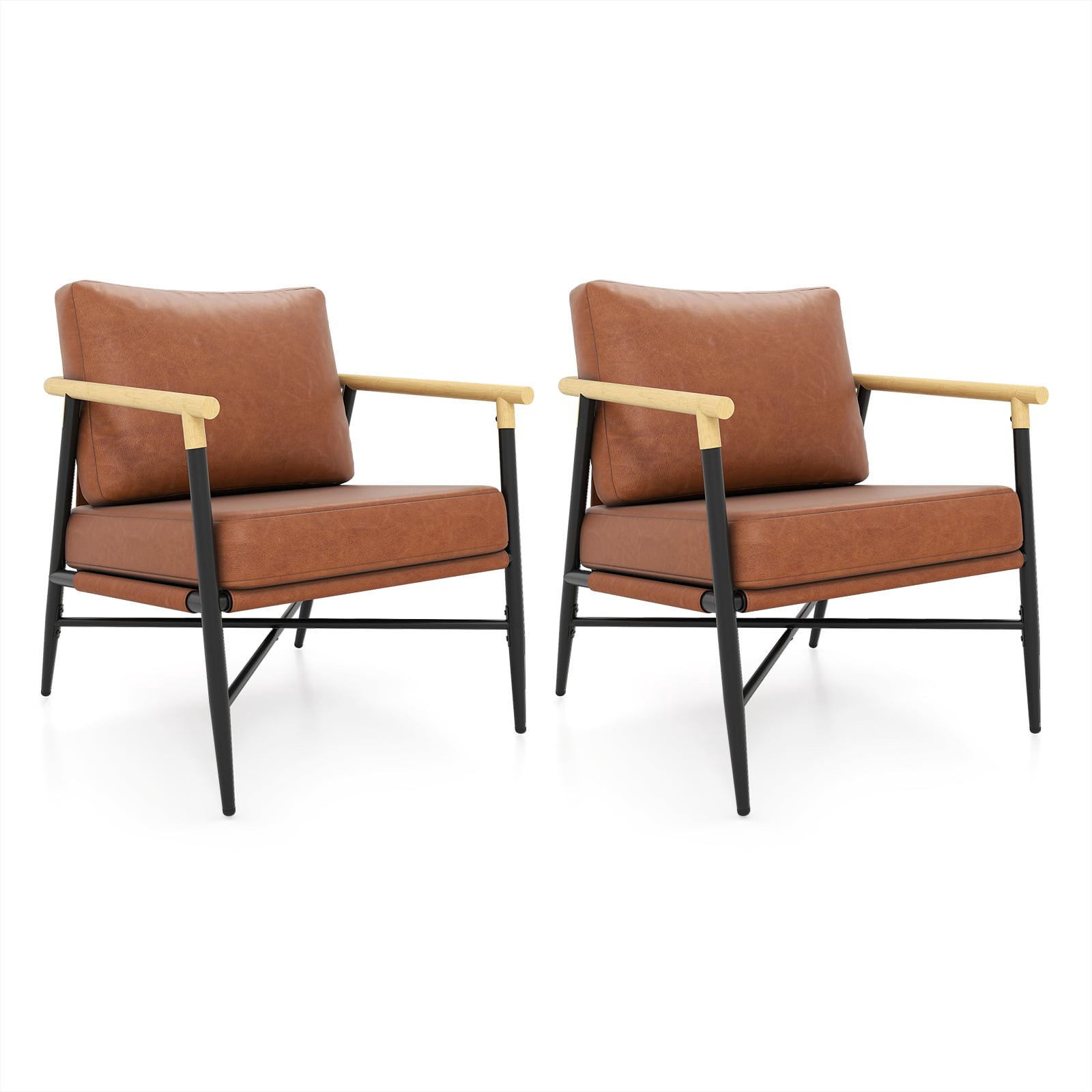 Poltrona lounge in similpelle marrone con cuscini sfoderabili.